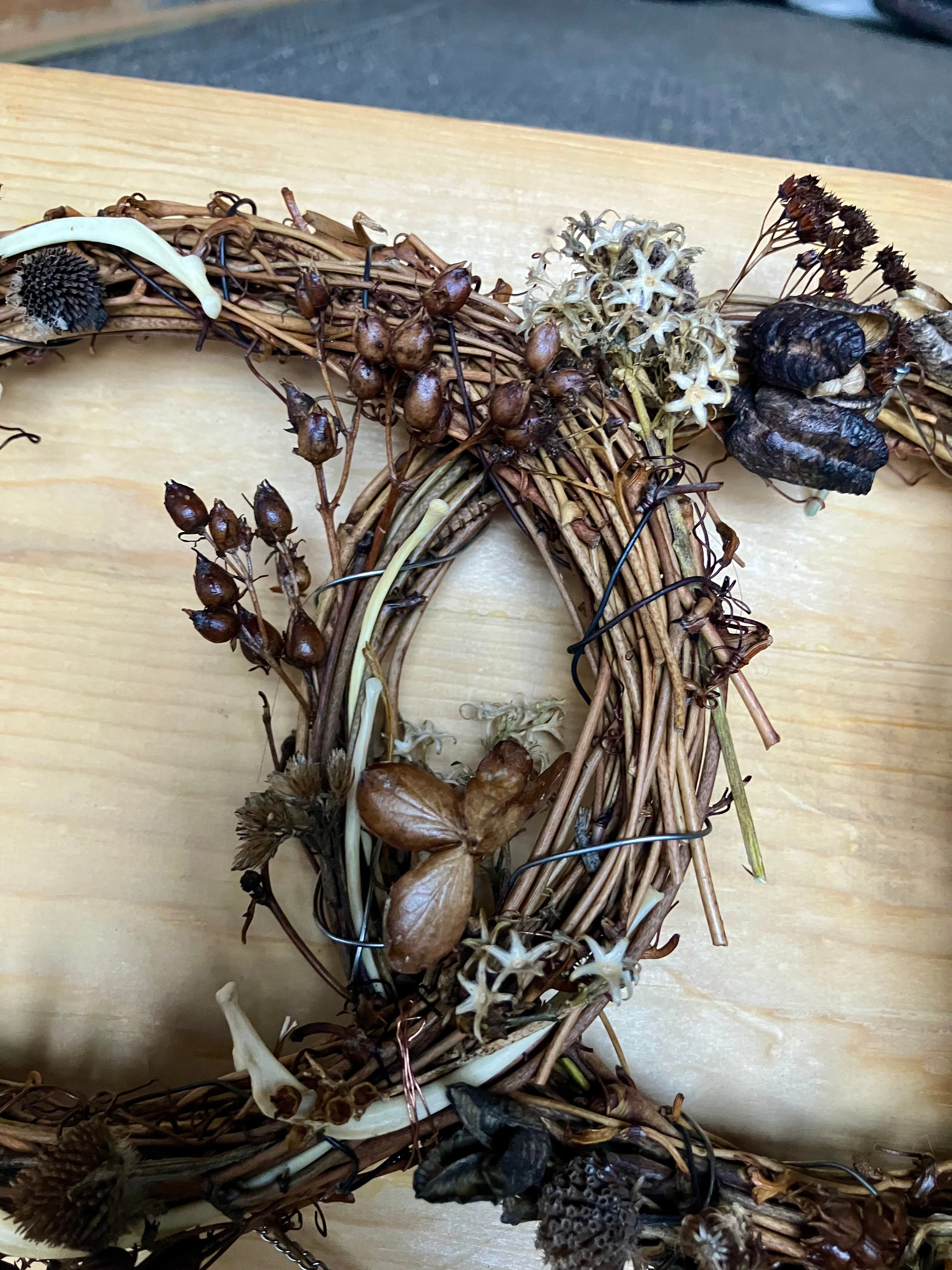 Groundhog Rib Bone Triple Goddess Floral Wreath- Clear Quartz & Black Tourmaline- Amplify Intentions- Altar Decor