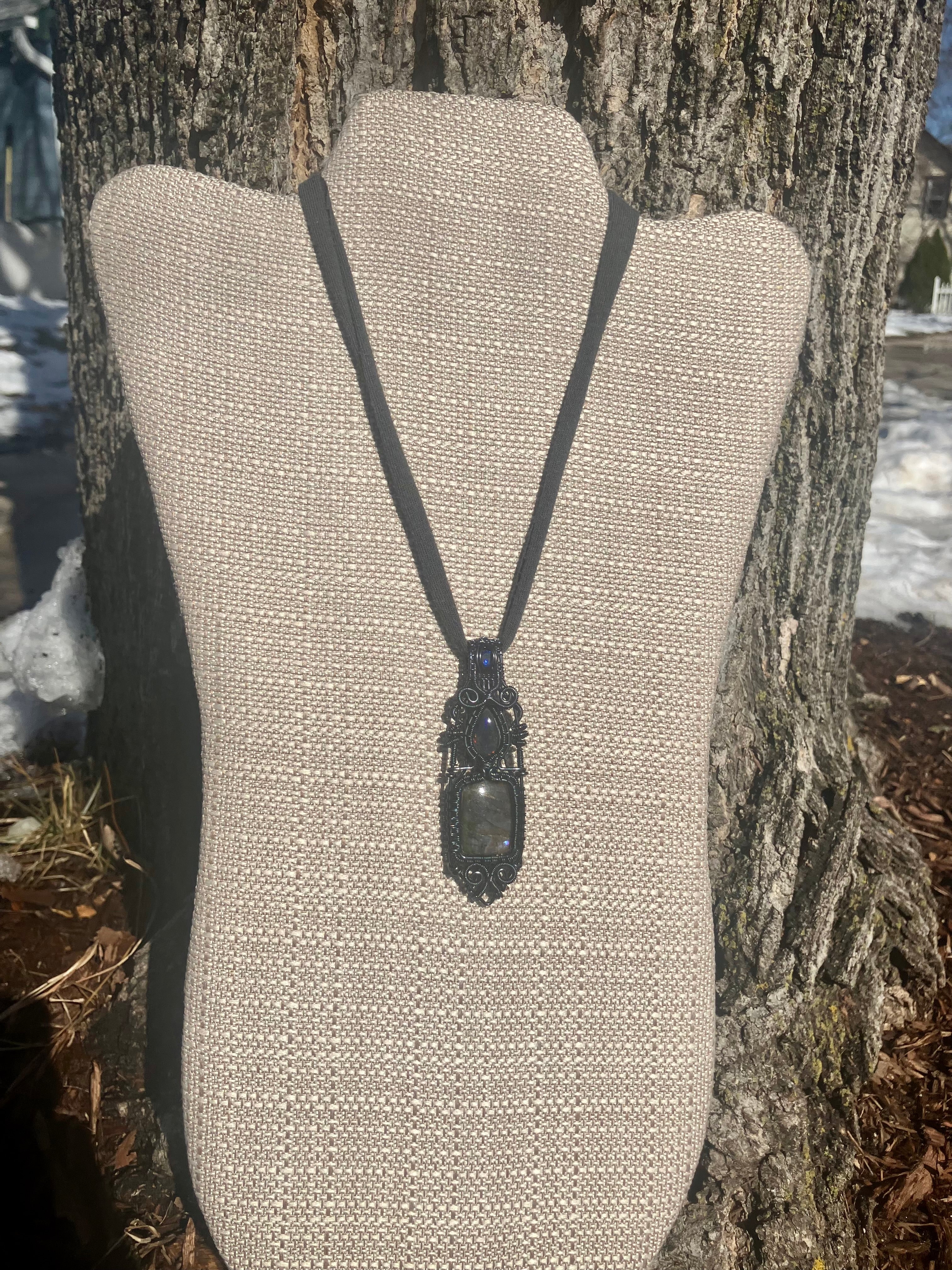 Blue Quartz, Black Opal & Spectrolite Crystal Wire Wrapped Amulet Pendant in Hematite Colored Copper