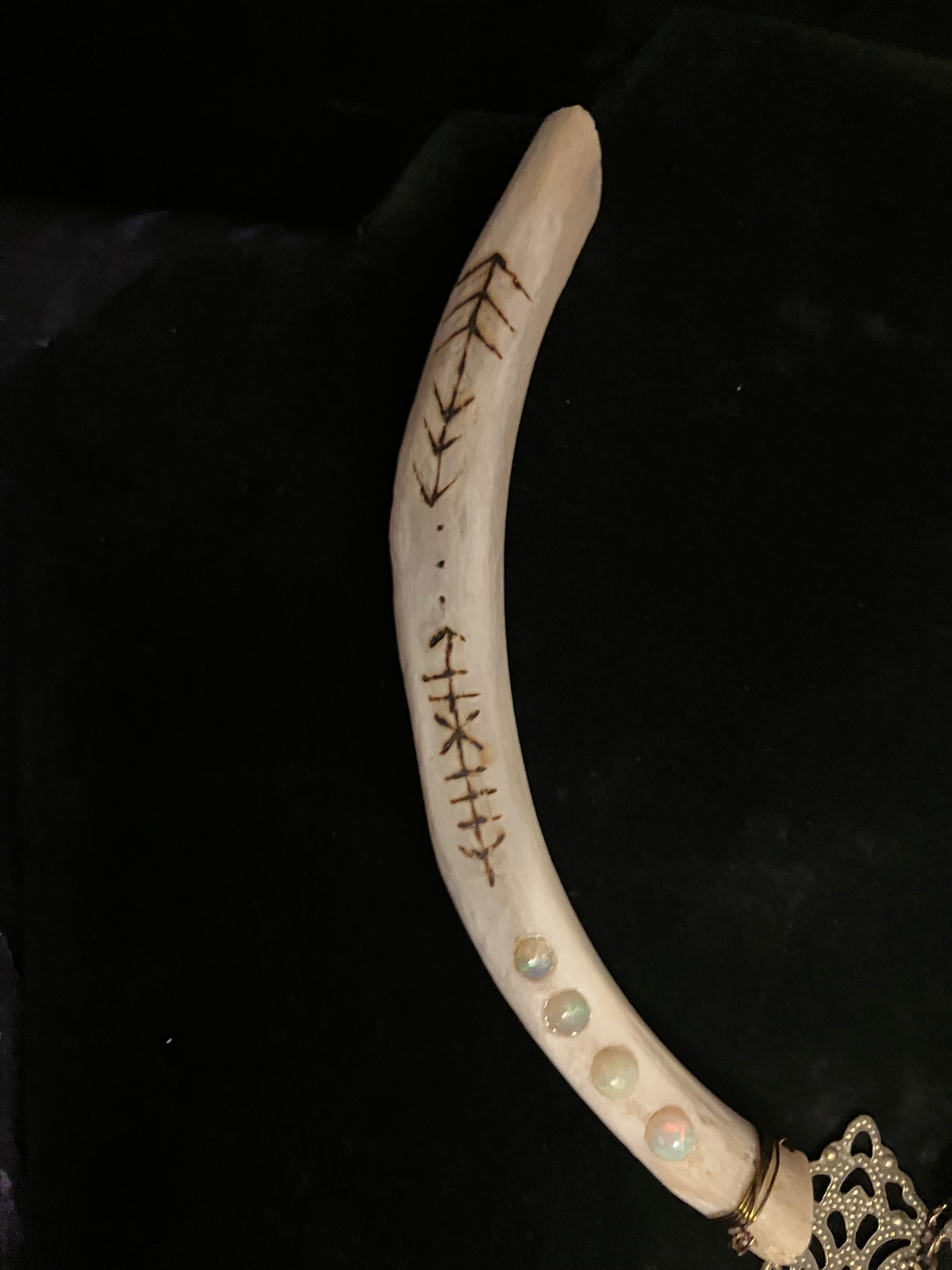 Javelina Rib Bone Crystal Ceremonial Amulet with Sigils for Inner Peace- Crazy Lace Agate- Opal- Garnet