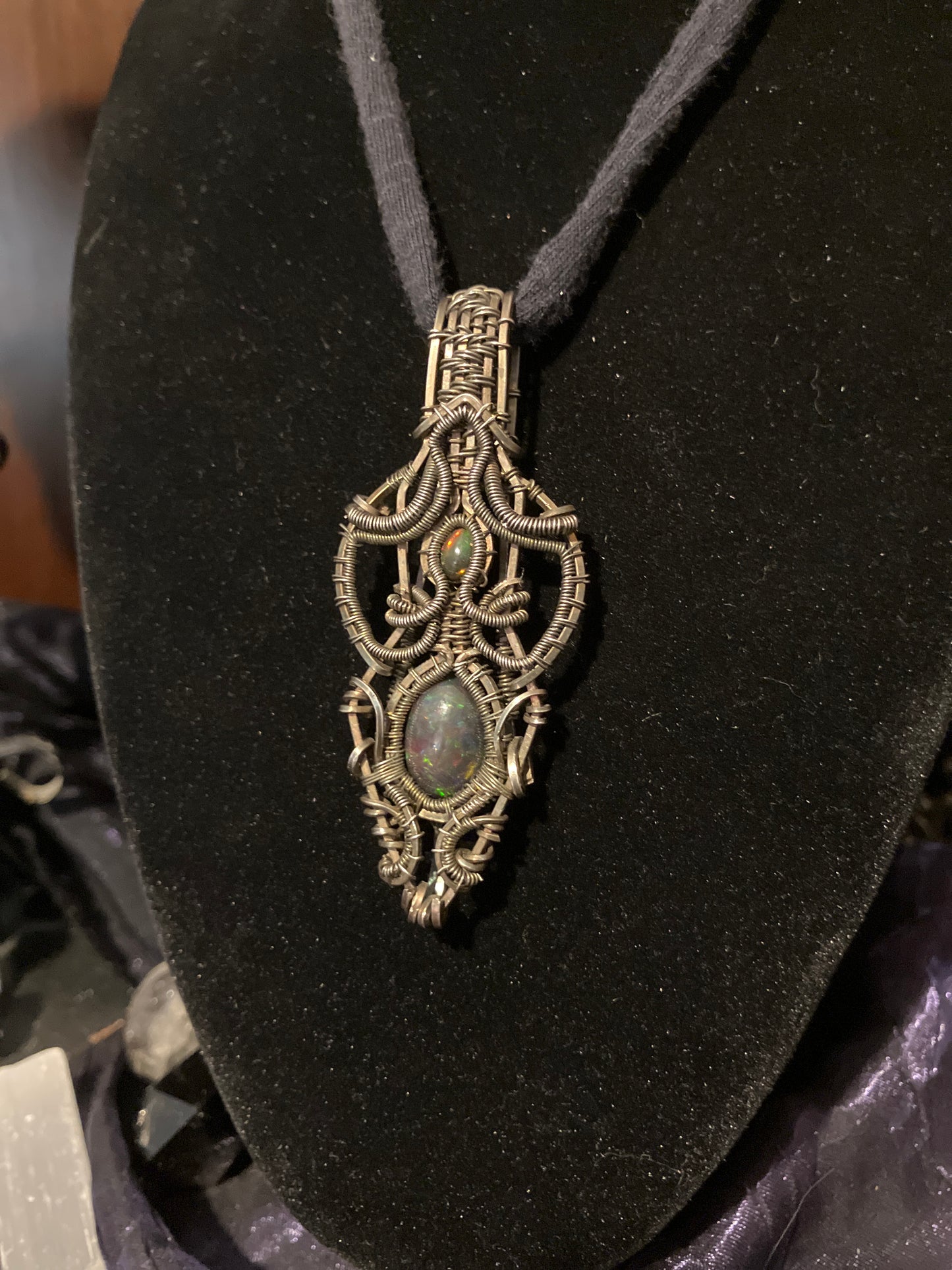 6.8 carat Double Black Opal Crystal Wire Wrapped Amulet Pendant in 925 Sterling Silver