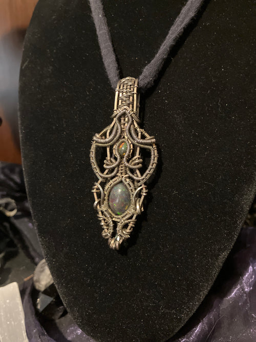6.8 carat Double Black Opal Crystal Wire Wrapped Amulet Pendant in 925 Sterling Silver