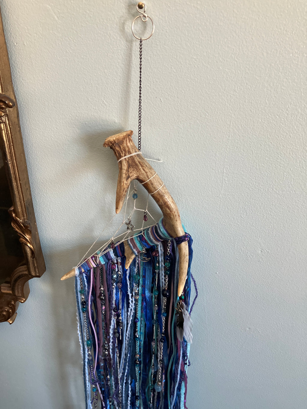 Handmade Throat/Third Eye Chakra Beaded Charm Fringe Antler Dreamcatcher Wall Hanging- Lucid Dreams