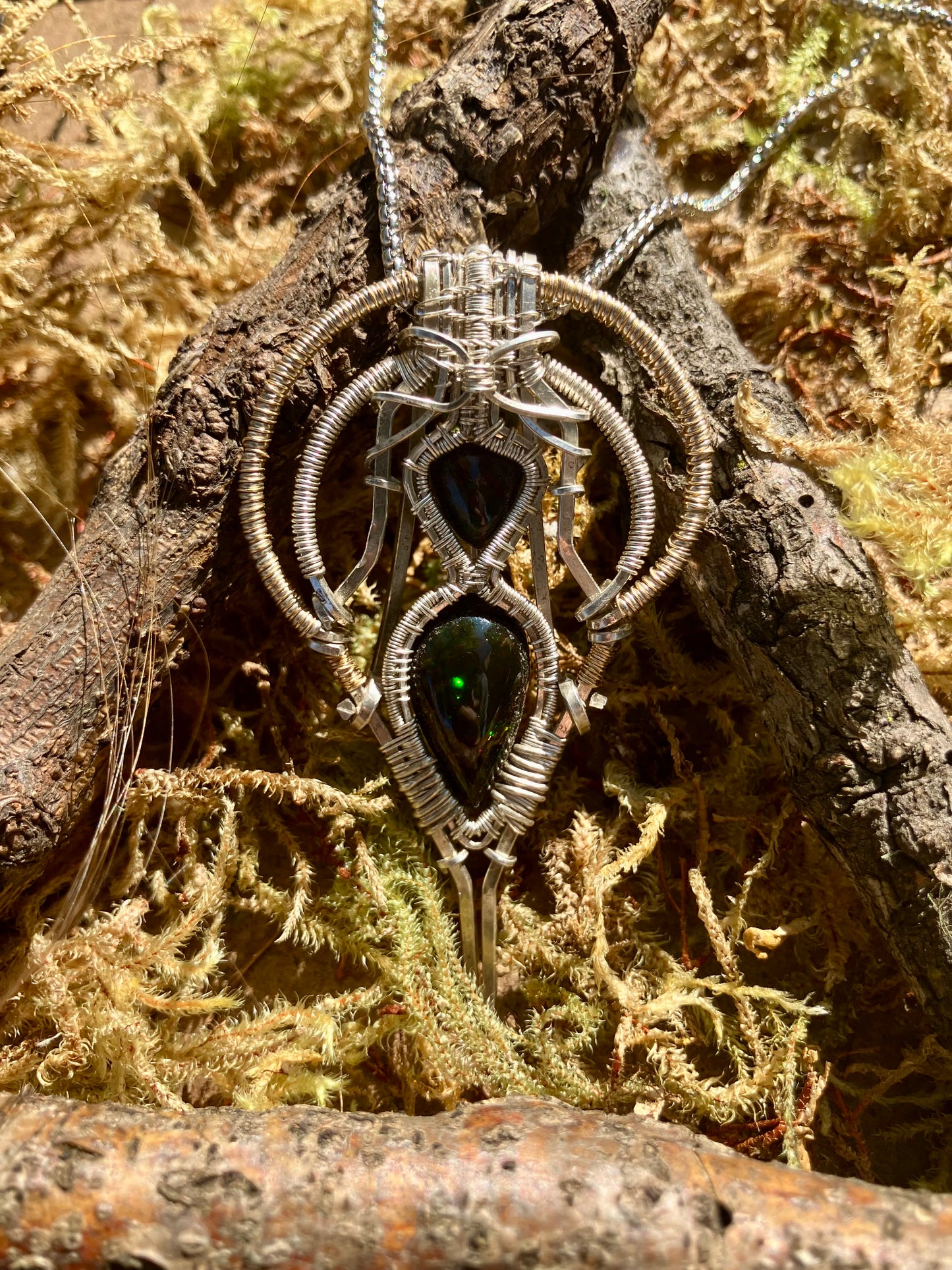 8.4 carat Double Black Opal Crystal Wire Wrapped Amulet Pendant in 925 Sterling Silver & 14k Yellow Gold