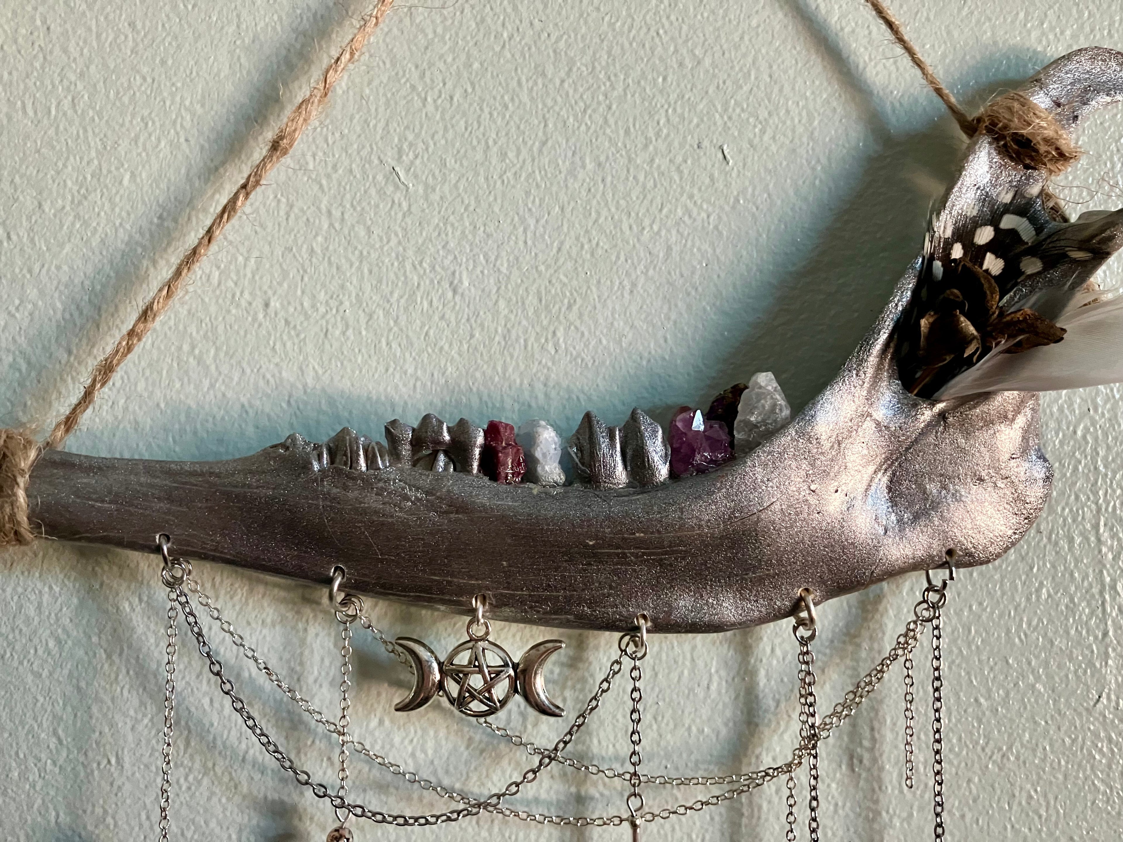 Crystal Triple Goddess Deer Jawbone Wall Hanging Altar Decor- Connect with Divine- Angelite, Garnet, Amethyst+