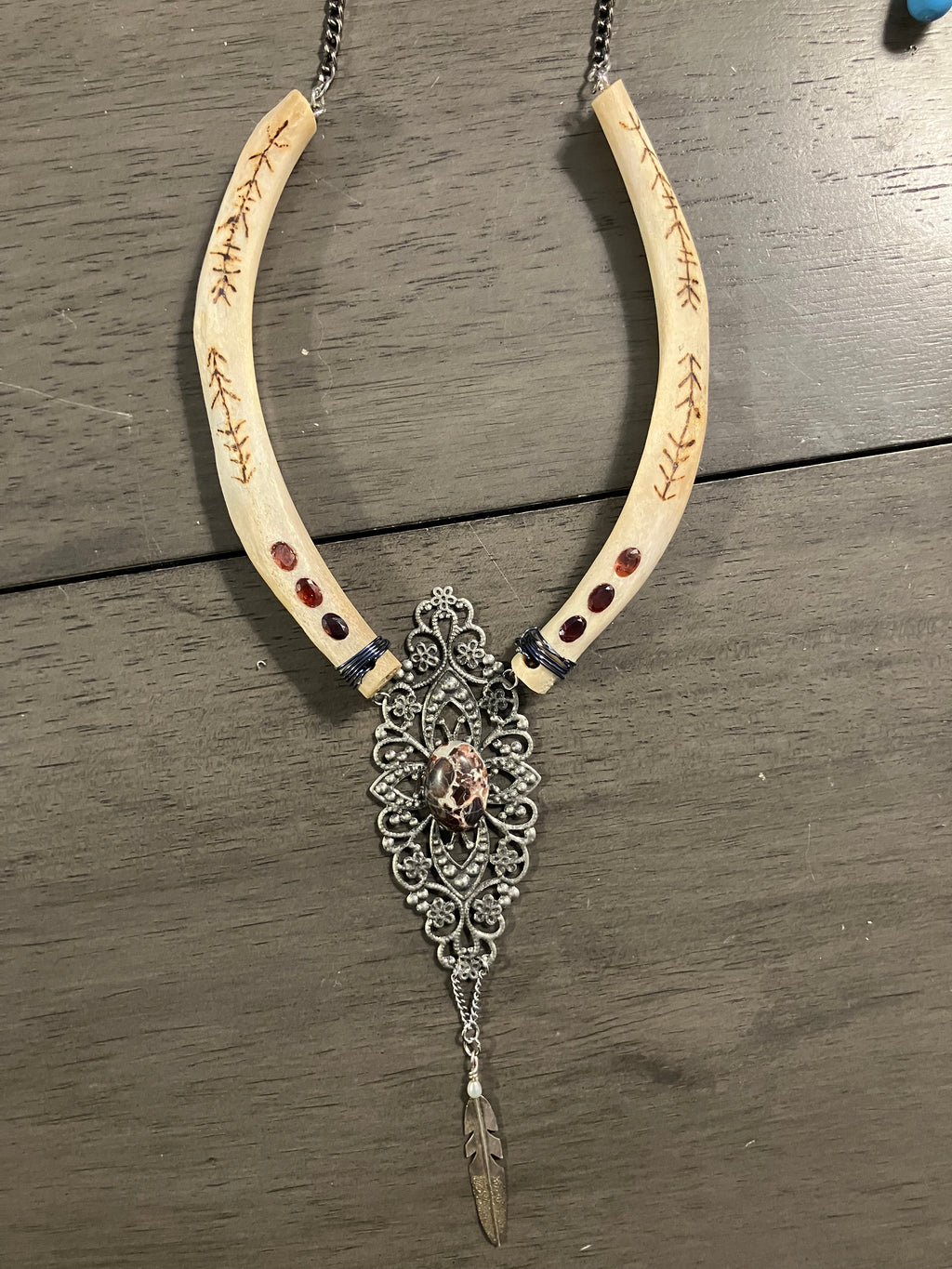 Javelina Rib Bone Crystal Ceremonial Amulet with Brecciated Jasper & Tri-color Garnet Inlay- Strength and Focus Wood Burned Sigils