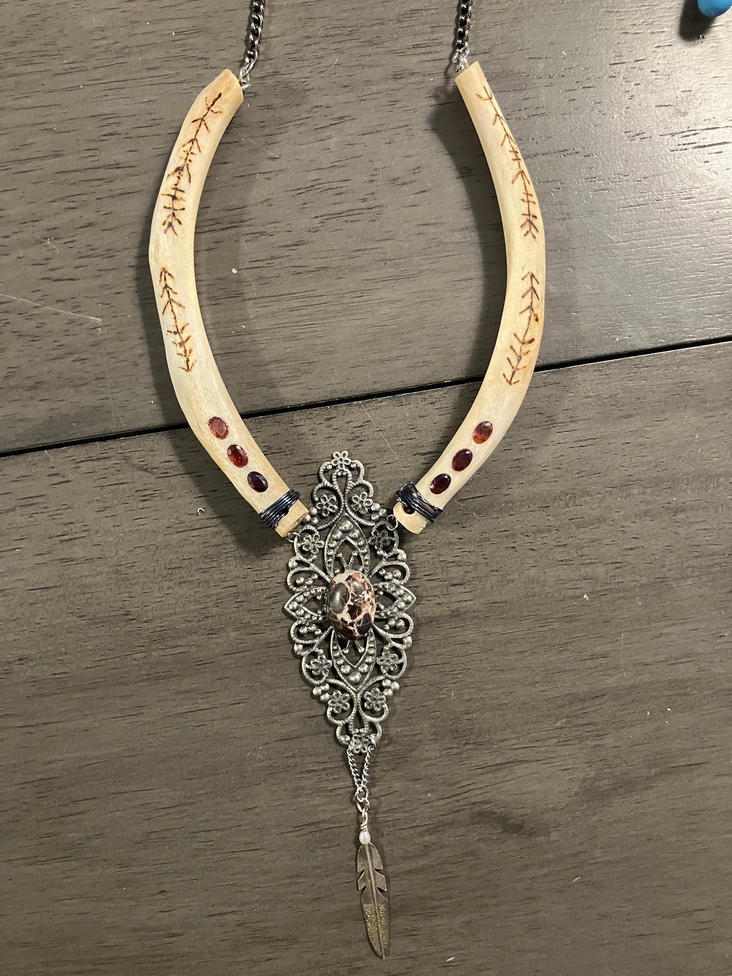 Javelina Rib Bone Crystal Ceremonial Amulet with Brecciated Jasper & Tri-color Garnet Inlay- Strength and Focus Wood Burned Sigils