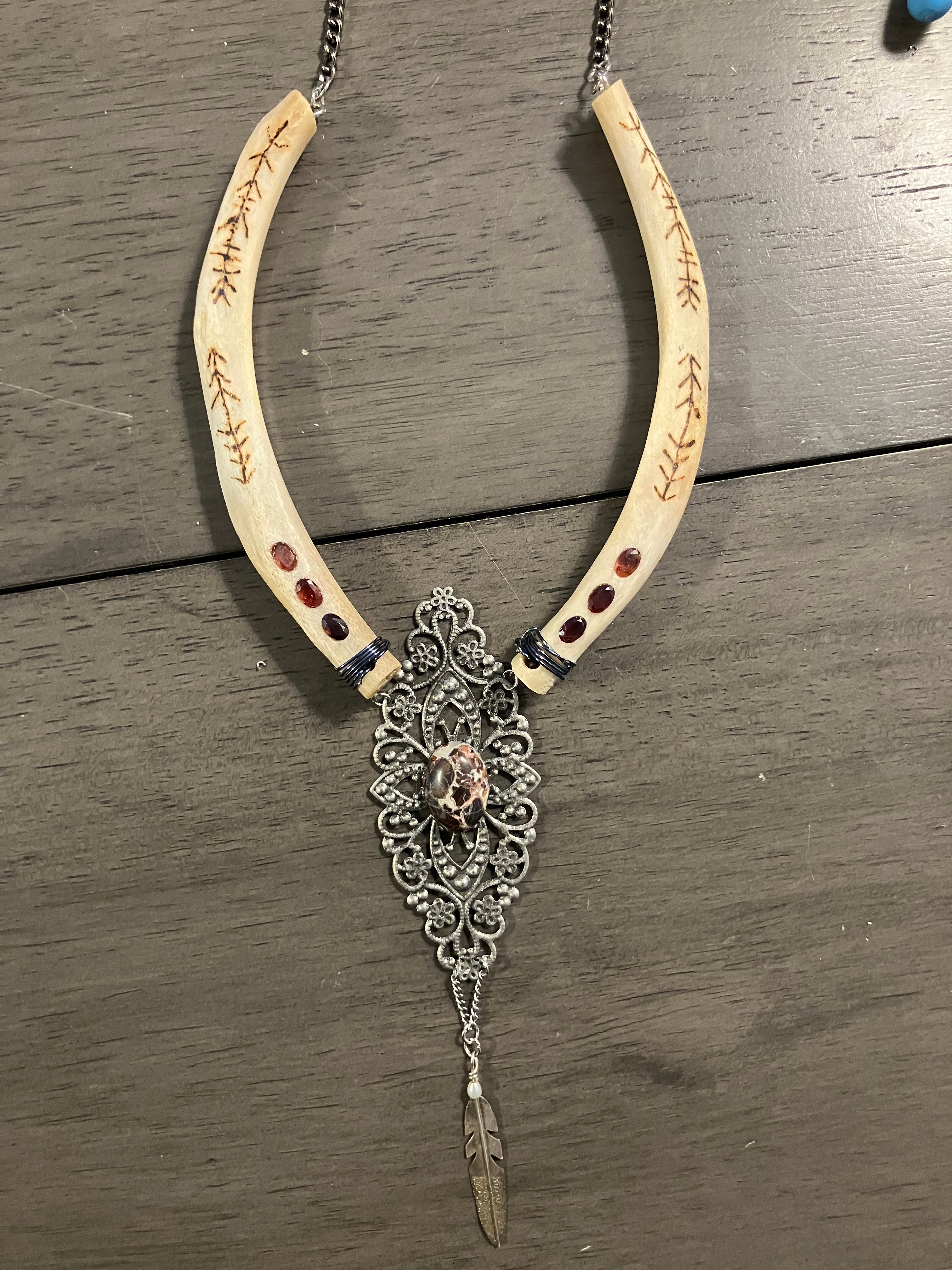 Javelina Rib Bone Crystal Ceremonial Amulet with Brecciated Jasper & Tri-color Garnet Inlay- Strength and Focus Wood Burned Sigils