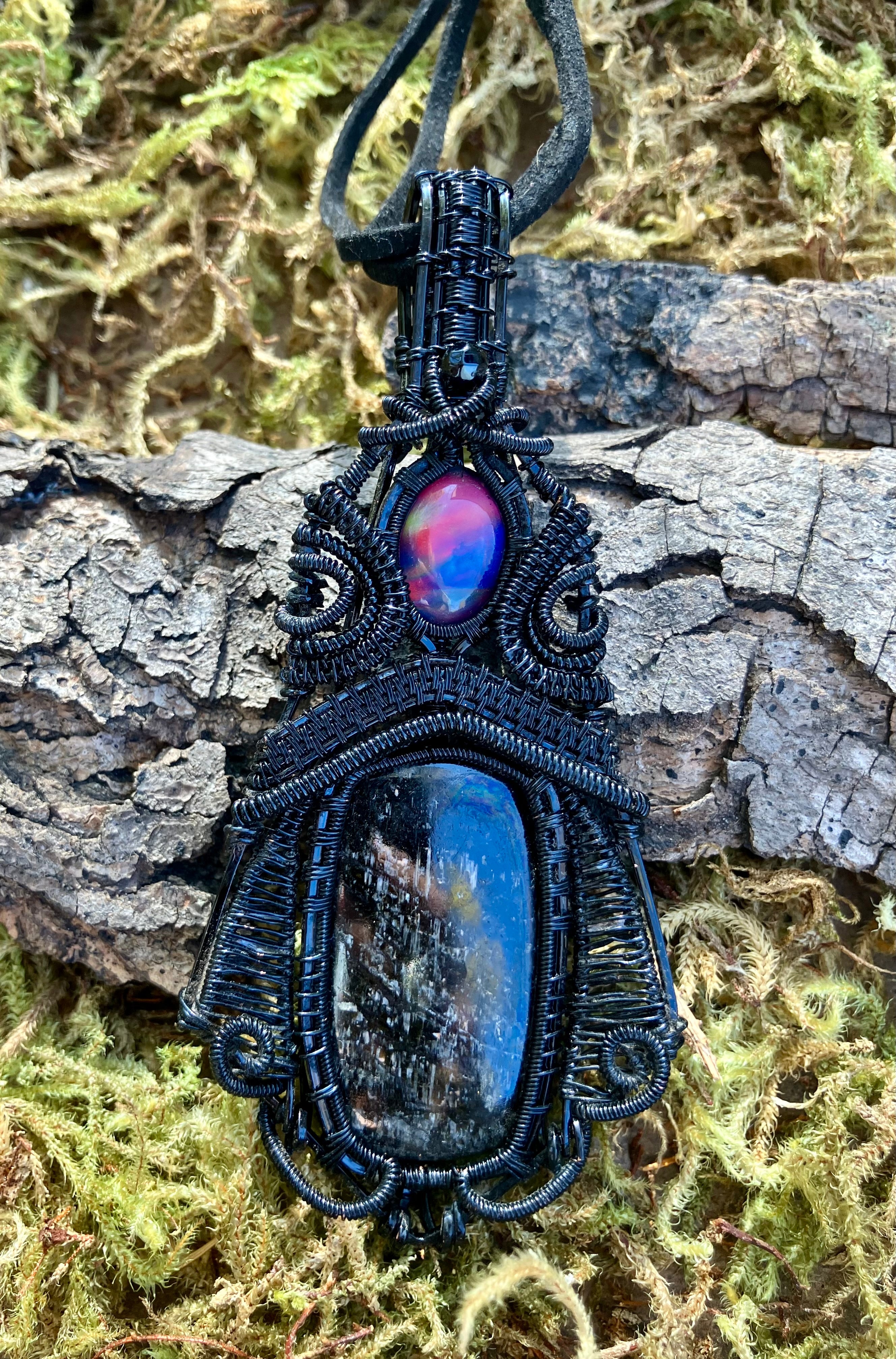 Silver Sheen Obsidian Wire Wrapped Amulet, Statement Pendant in Black Copper