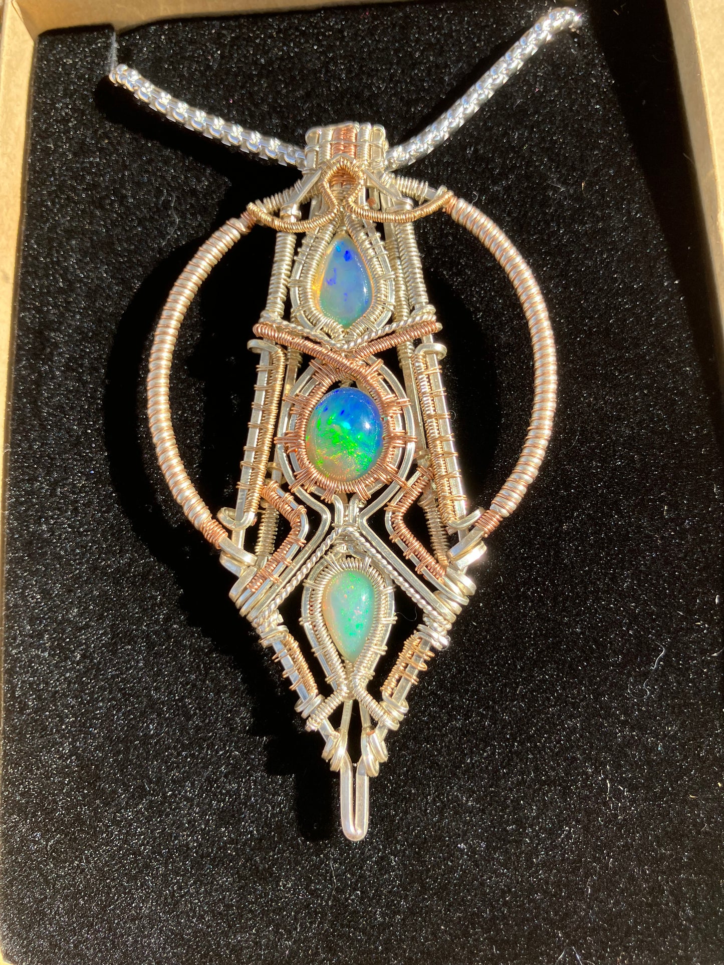 8.4 carat, Triple Australian Opal Wire Wrapped Amulet in Rose Gold, 14k Yellow Gold and 925 Sterling Silver