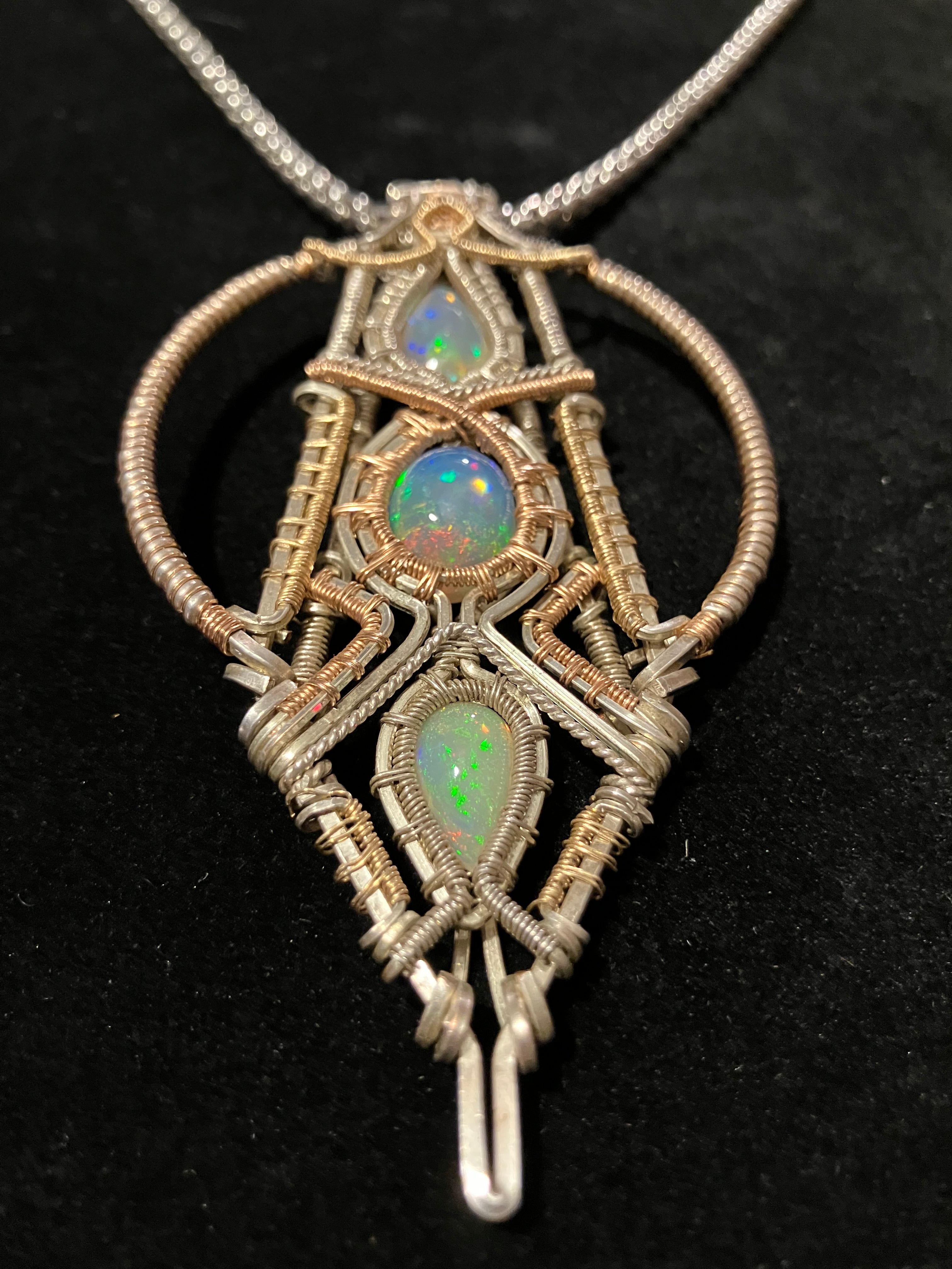 8.4 carat, Triple Australian Opal Wire Wrapped Amulet in Rose Gold, 14k Yellow Gold and 925 Sterling Silver