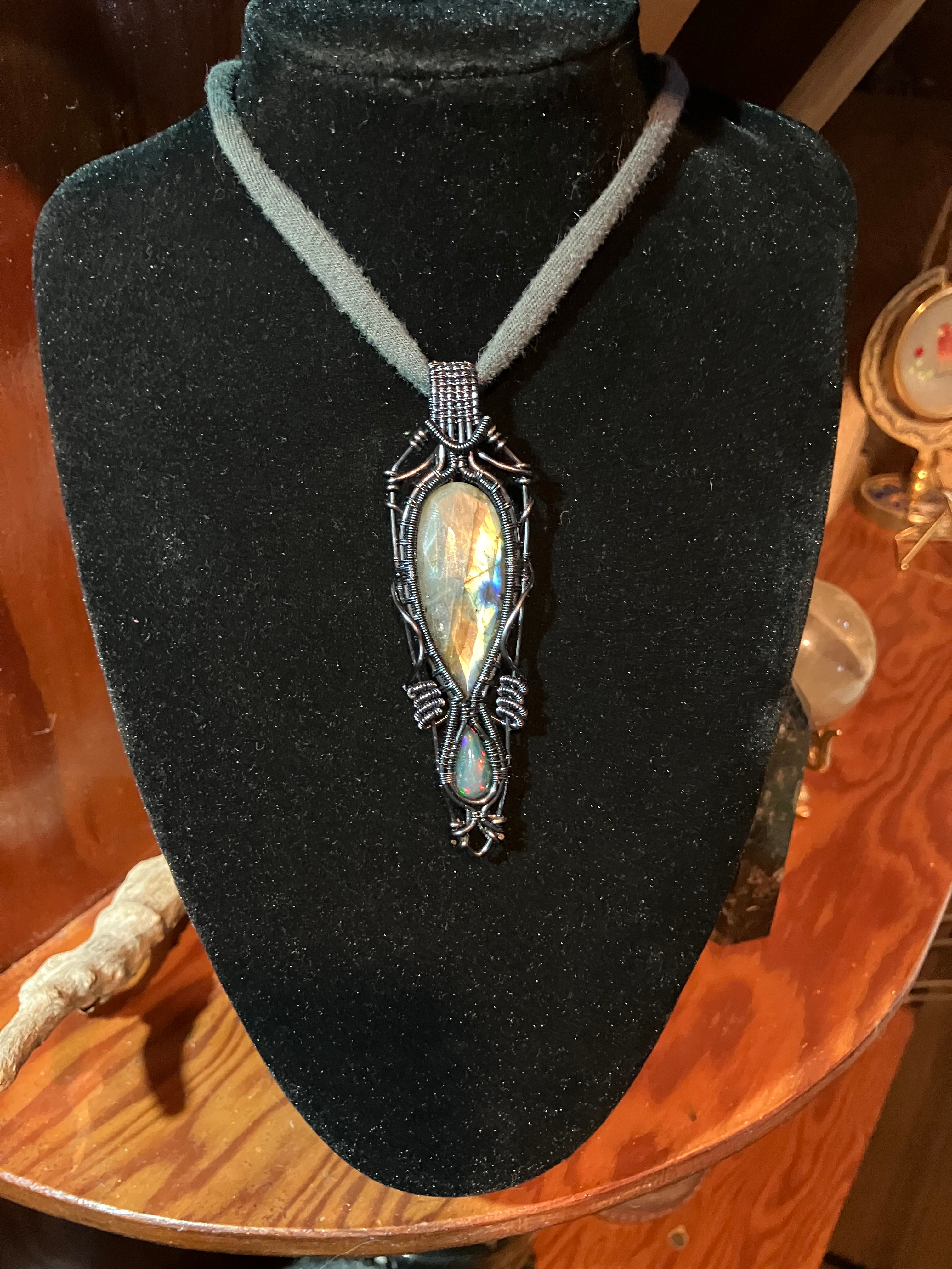 Black Opal & Labradorite Crystal Wire Wrapped Amulet Pendant in Hematite Colored Copper