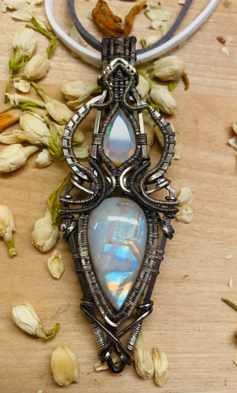 White Opal & Rainbow Moonstone Crystal Wire Wrapped Amulet Pendant in 925 Sterling Silver