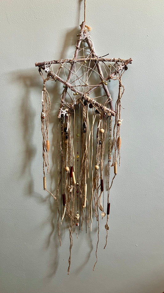 Handmade Crystal & Goundhog Bone, Embellished Star Wall Hanging- Bridgid’s Rhythm- Triple Goddess- LIGHTS UP