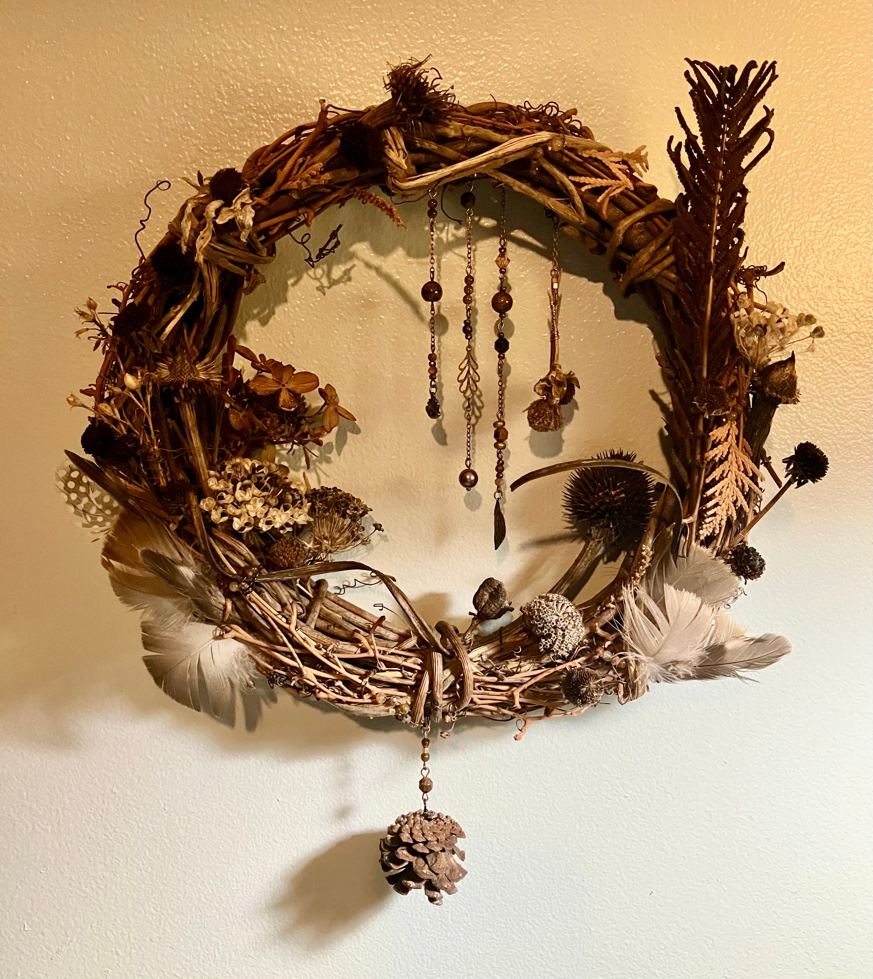 Foraged Flora, Fauna, Feather Crystal Charm 10” Wreath- Citrine, Pietersite, Tigers Eye- Abundance- Prosperity- High Vibrational