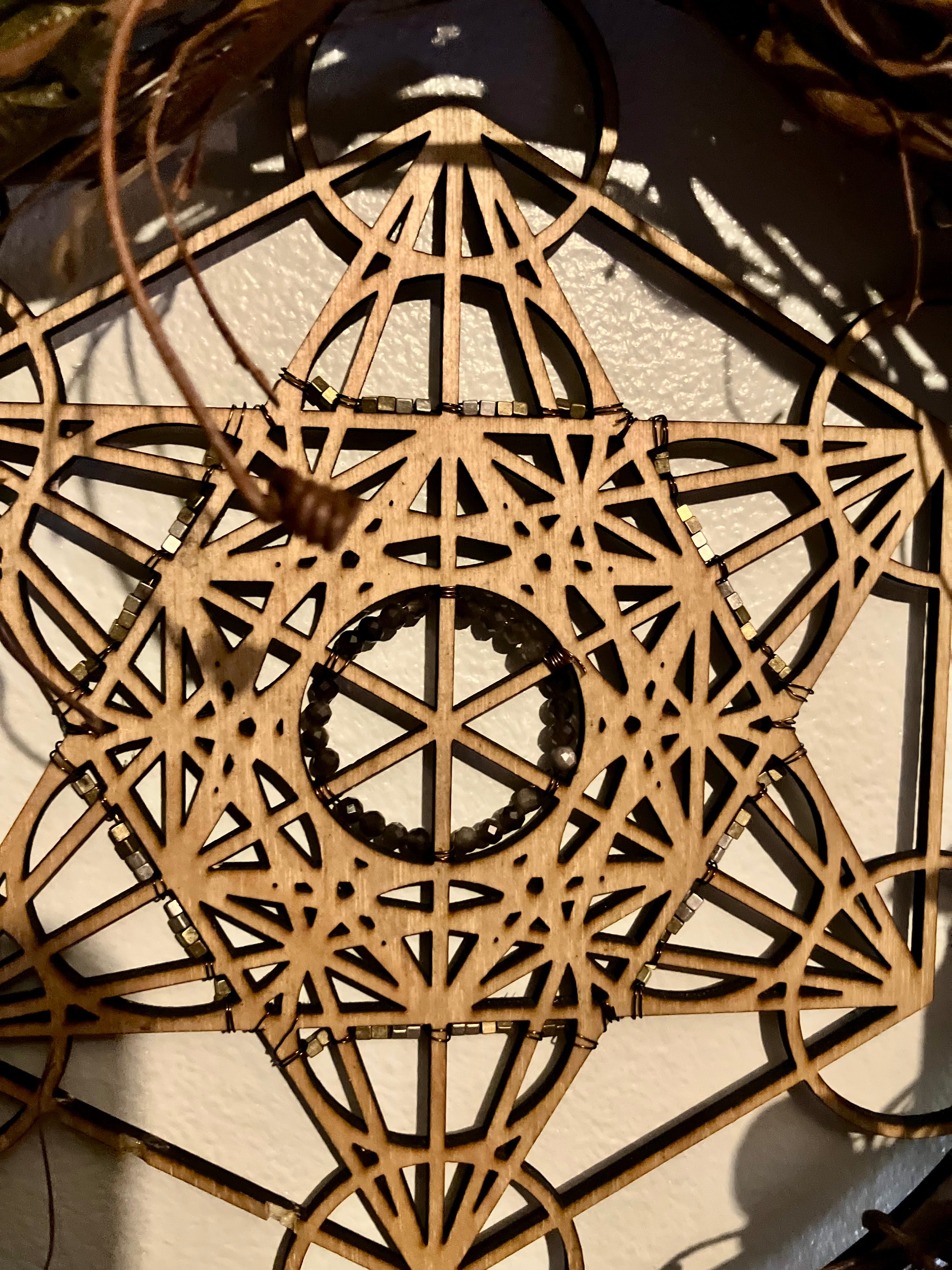 Archangel Metatron Sacred Geometry 10” Protection & Power Wreath- Silver Sheen Obsidian- Hawk