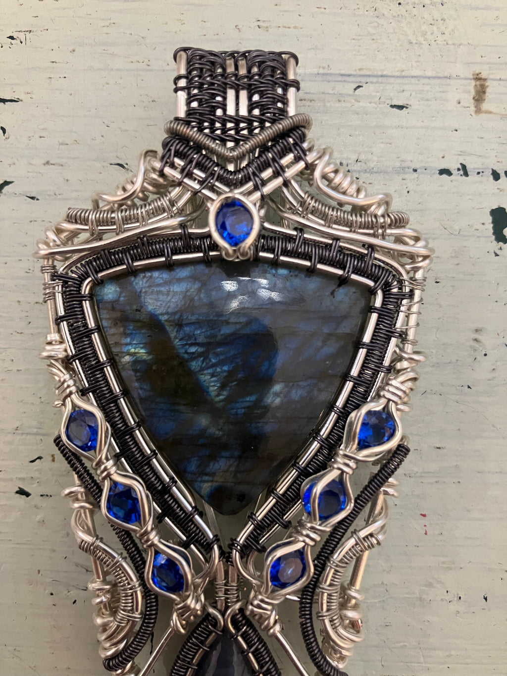 Labradorite Trillion, Iolite and Faceted Blue Quartz Wire Wrapped Amulet Statement Pendant in Two-tone Copper