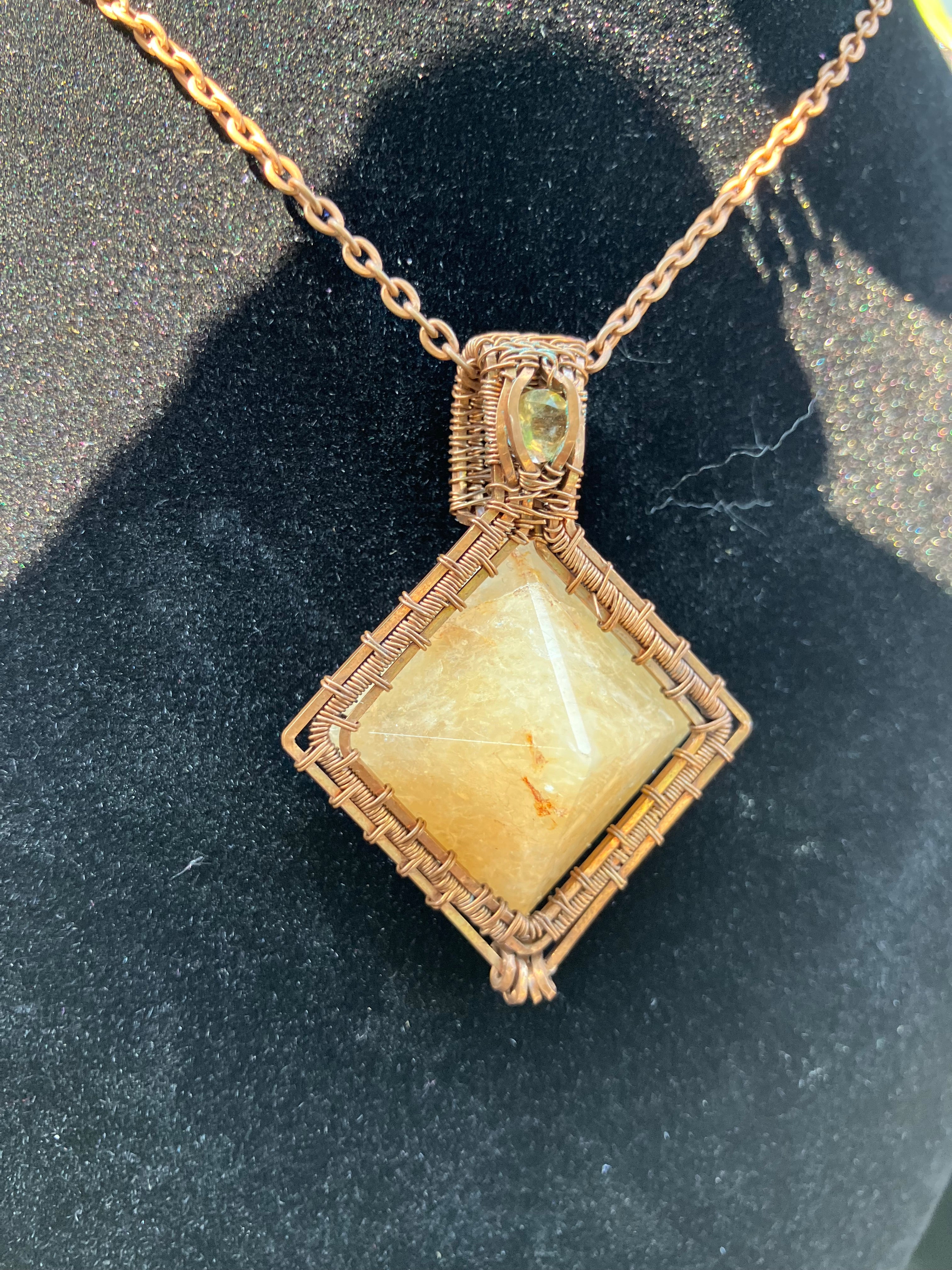 Golden Healer Quartz Prism Pyramid & Faceted Citrine Wire Wrapped Mini Amulet Pendant in Tarnished Copper