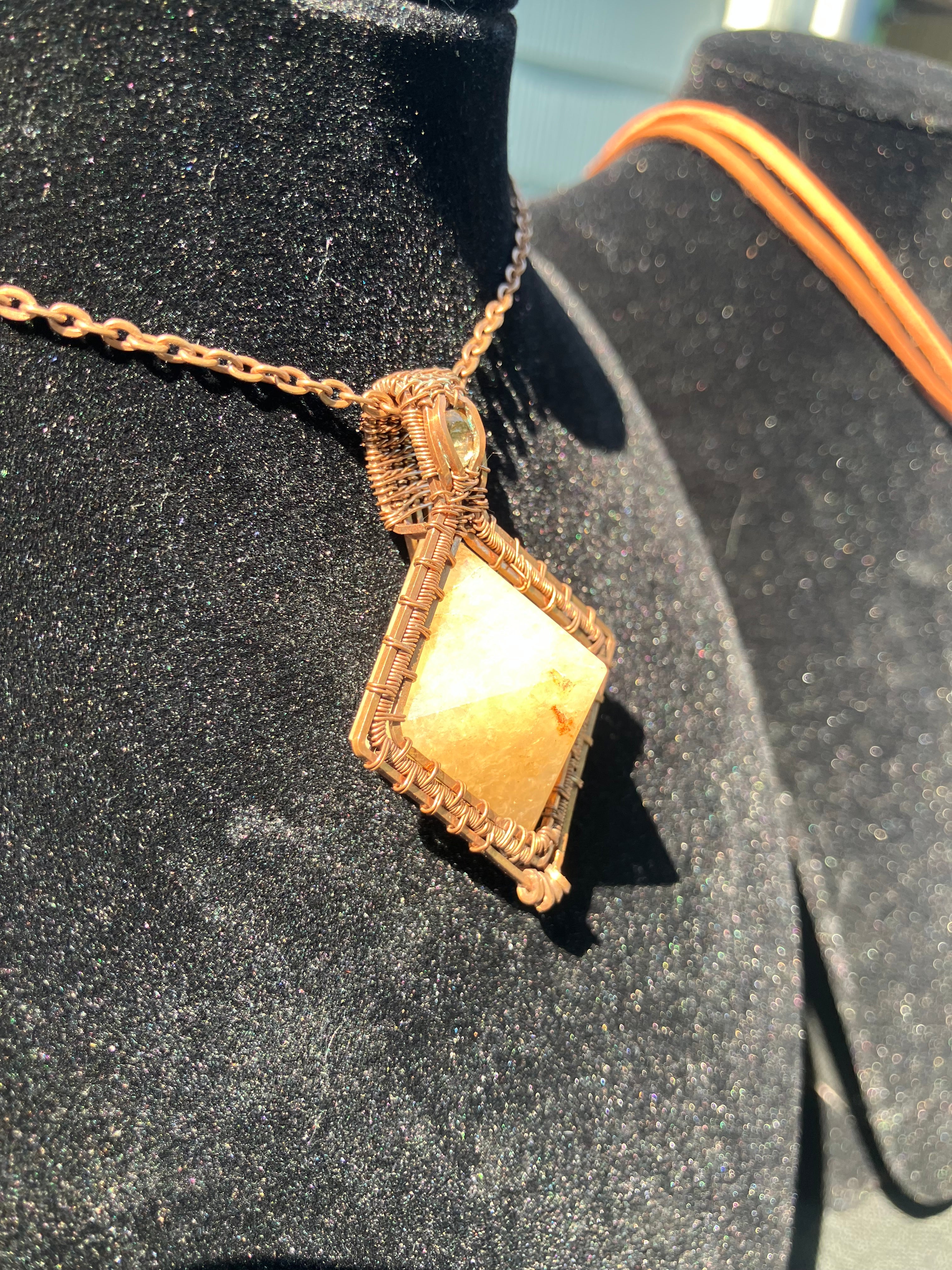 Golden Healer Quartz Prism Pyramid & Faceted Citrine Wire Wrapped Mini Amulet Pendant in Tarnished Copper