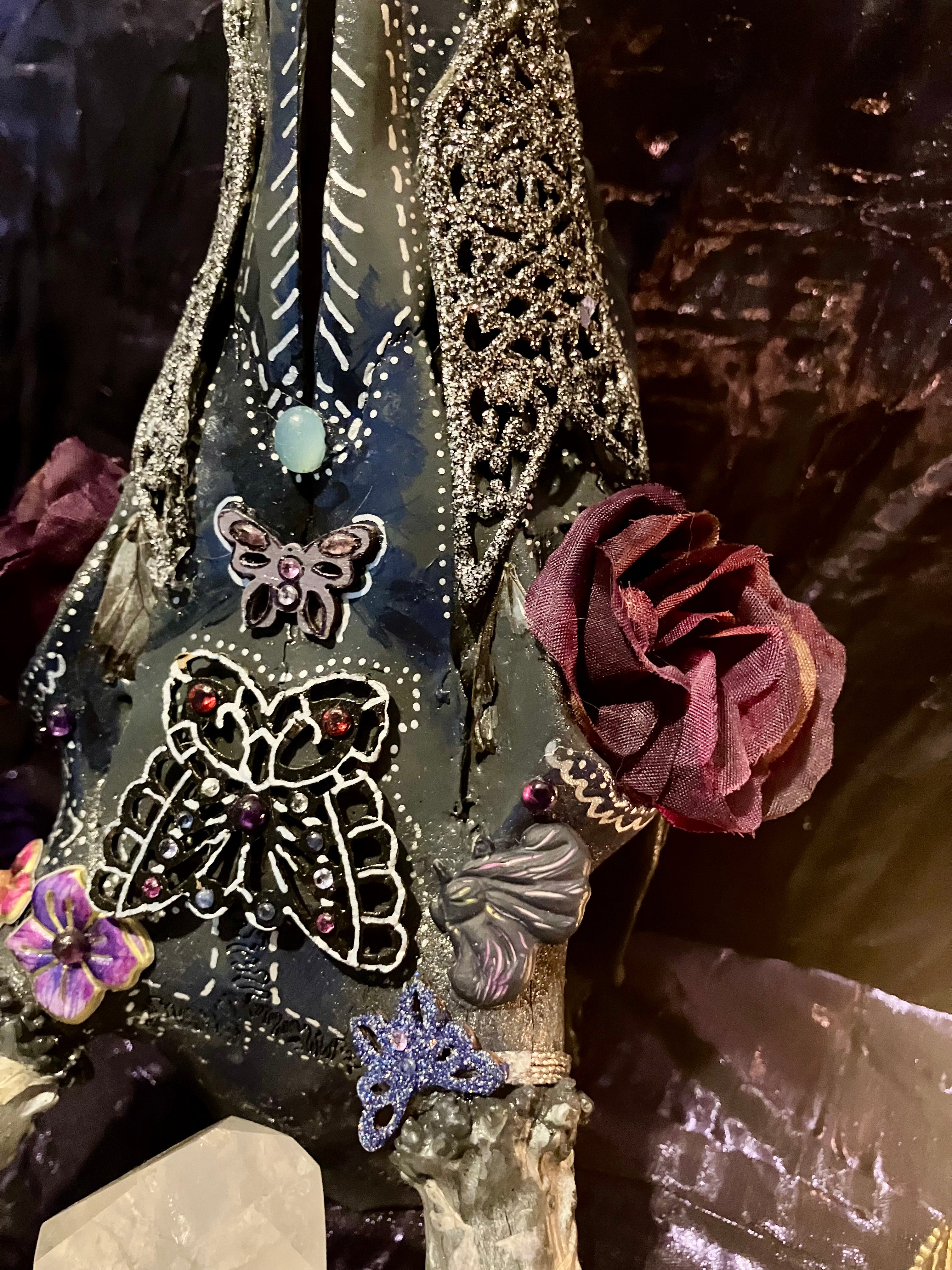 Crystal Butterfly Realm Decorated Deer Skull Altarpiece w/ Tanzanite, Ruby, Sapphire, Topaz  ++