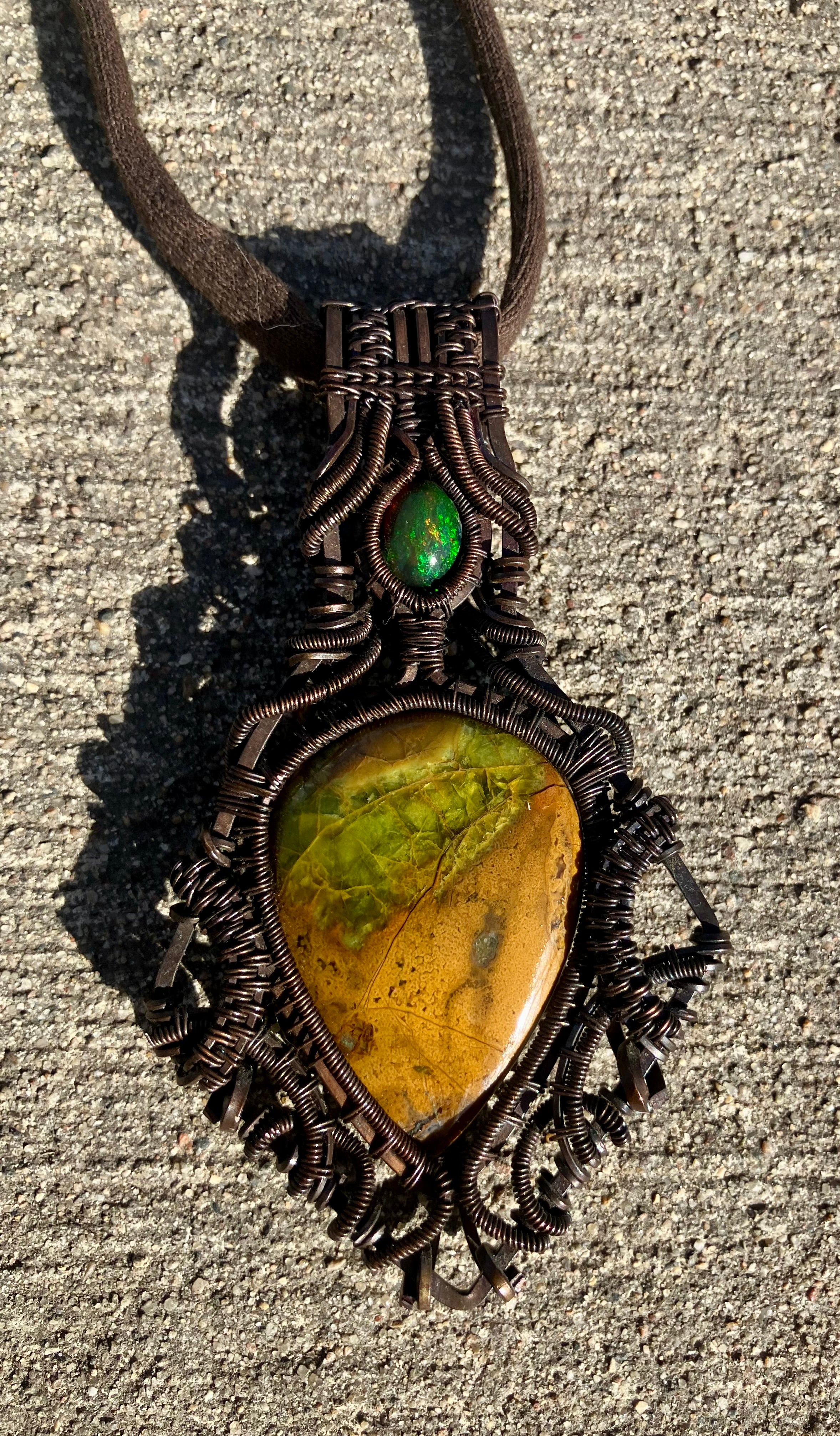 Black & Green Opal Crystal Wire Wrapped Amulet Pendant in Tarnished Copper