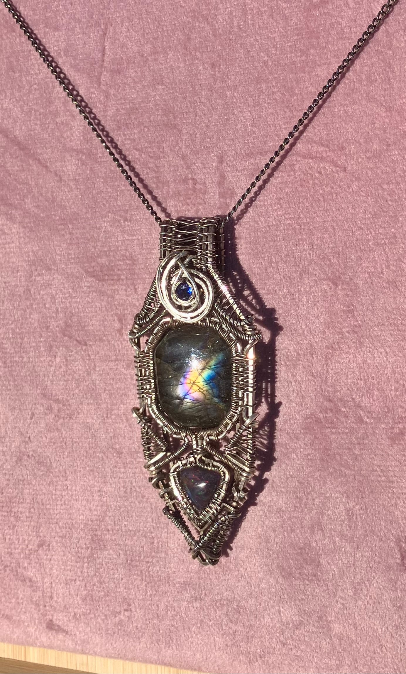 Octagonal Labradorite, Black Opal & Blue Quartz Wire Wrapped Amulet in 925 Sterling Silver- Aligns Chakras- Lucid Dreams- Spiritual Growth