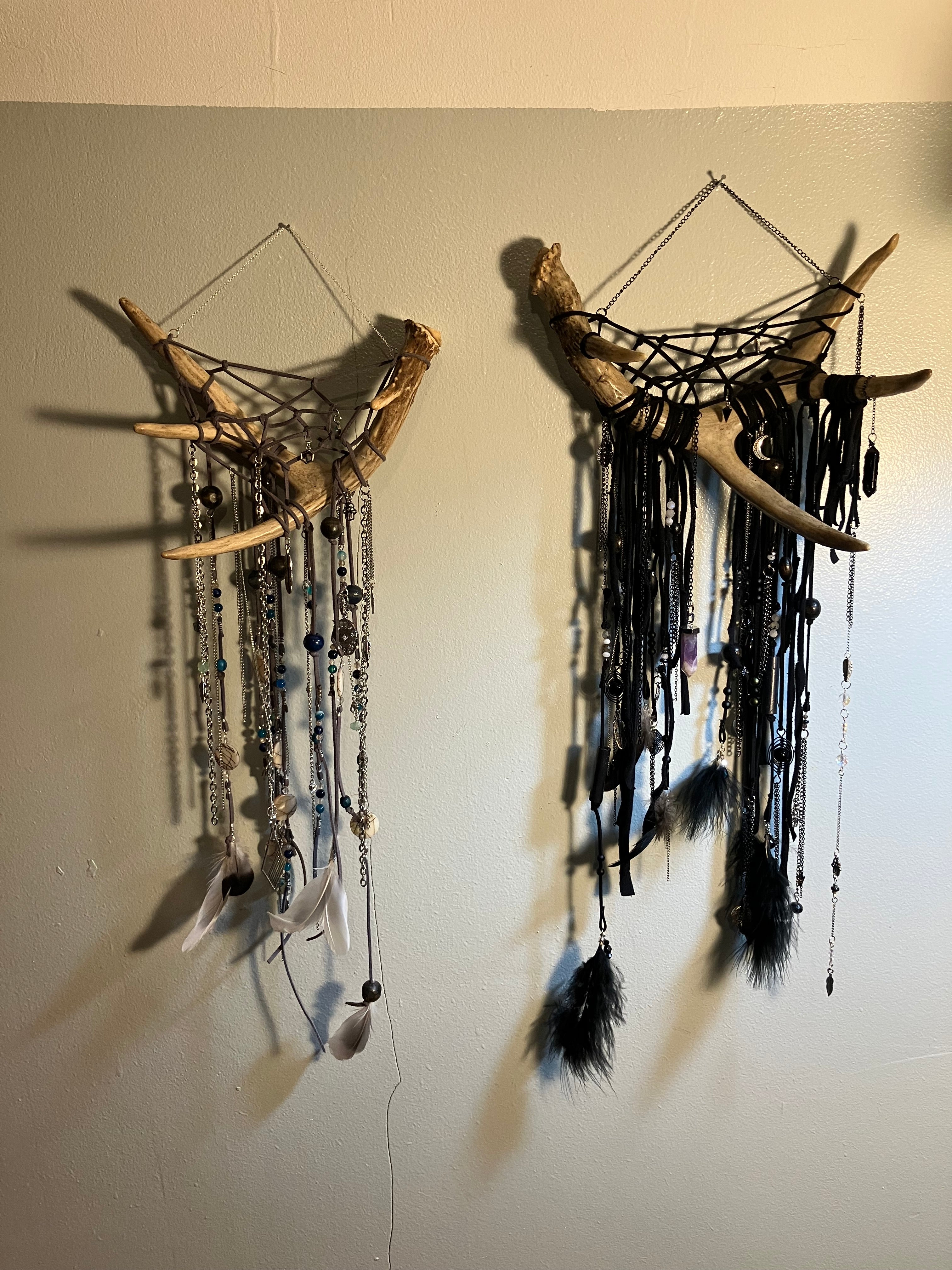 Crystal Beaded Fringe Charm Deer Antler Dreamcatcher Wall Hanging- Protection, Root/Crown Chakra- Amethyst, Onyx