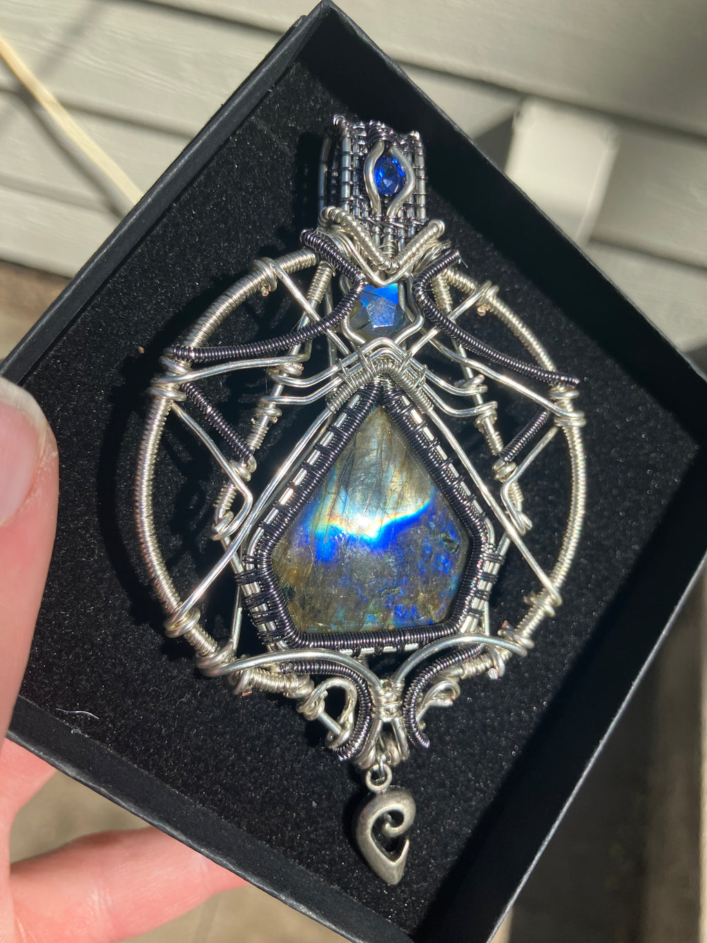 Labradorite and Faceted Blue Quartz Wire Wrapped Amulet, Statement Pendant in Two-tone Copper