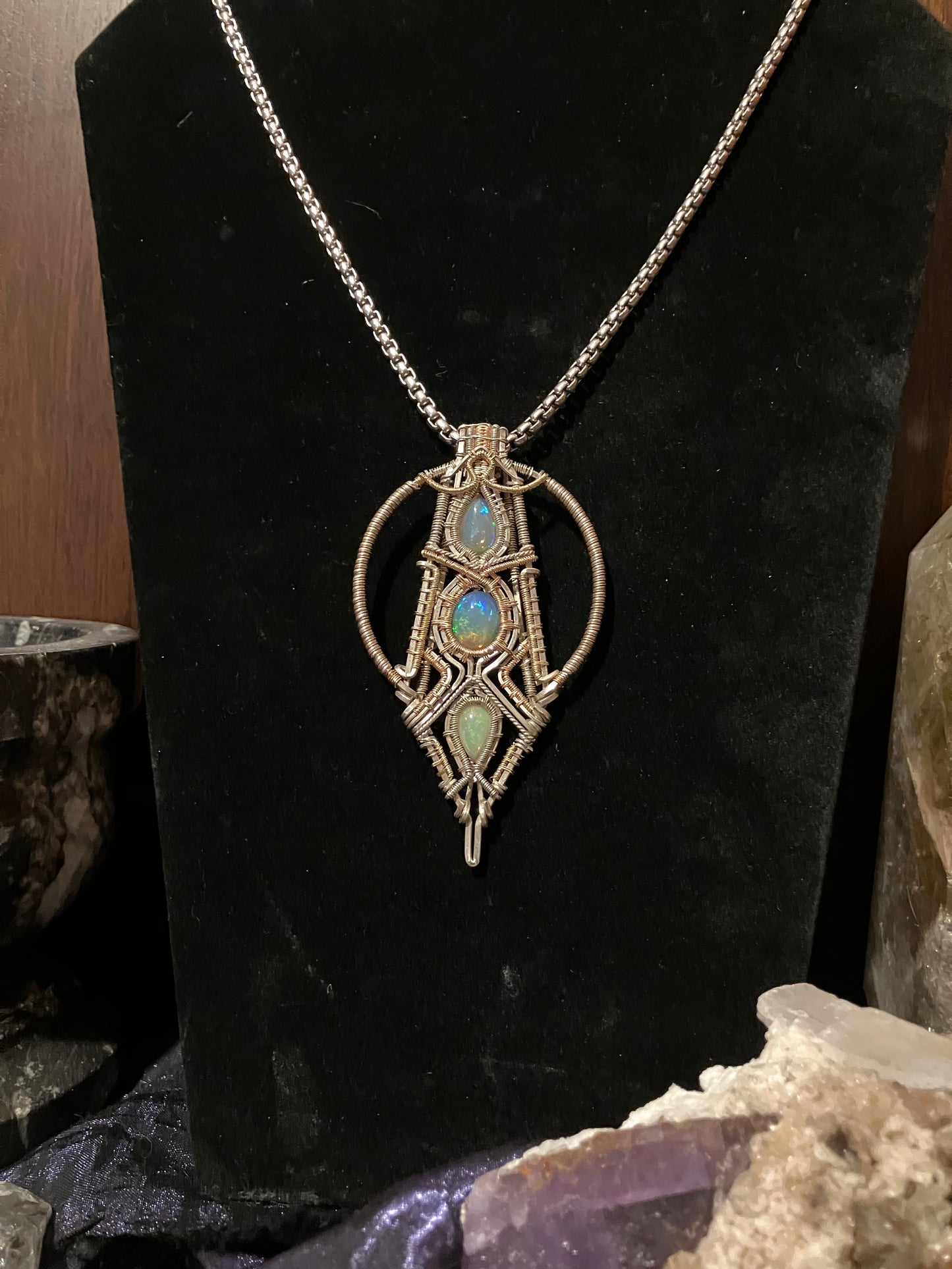 8.4 carat, Triple Australian Opal Wire Wrapped Amulet in Rose Gold, 14k Yellow Gold and 925 Sterling Silver