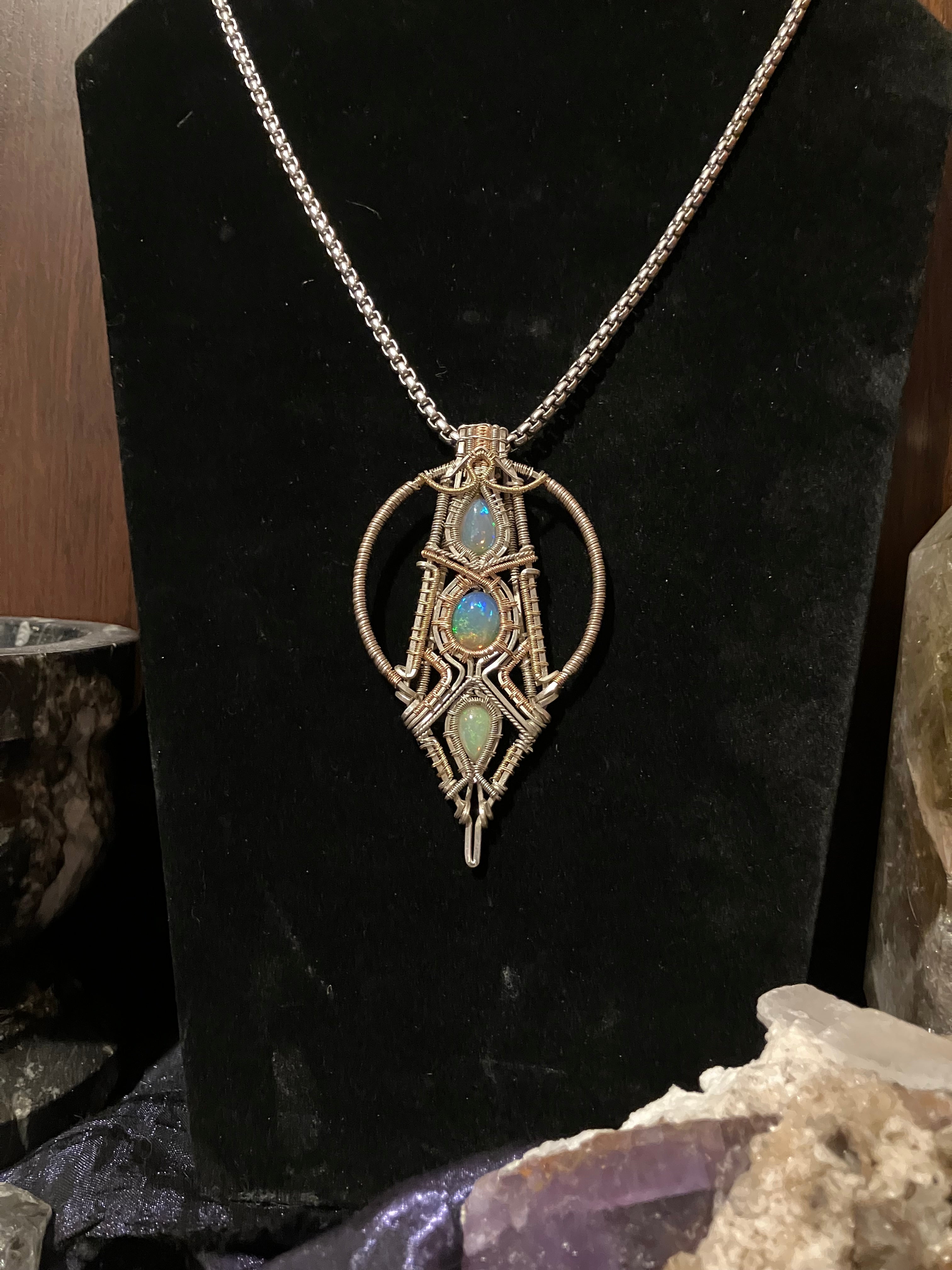 8.4 carat, Triple Australian Opal Wire Wrapped Amulet in Rose Gold, 14k Yellow Gold and 925 Sterling Silver