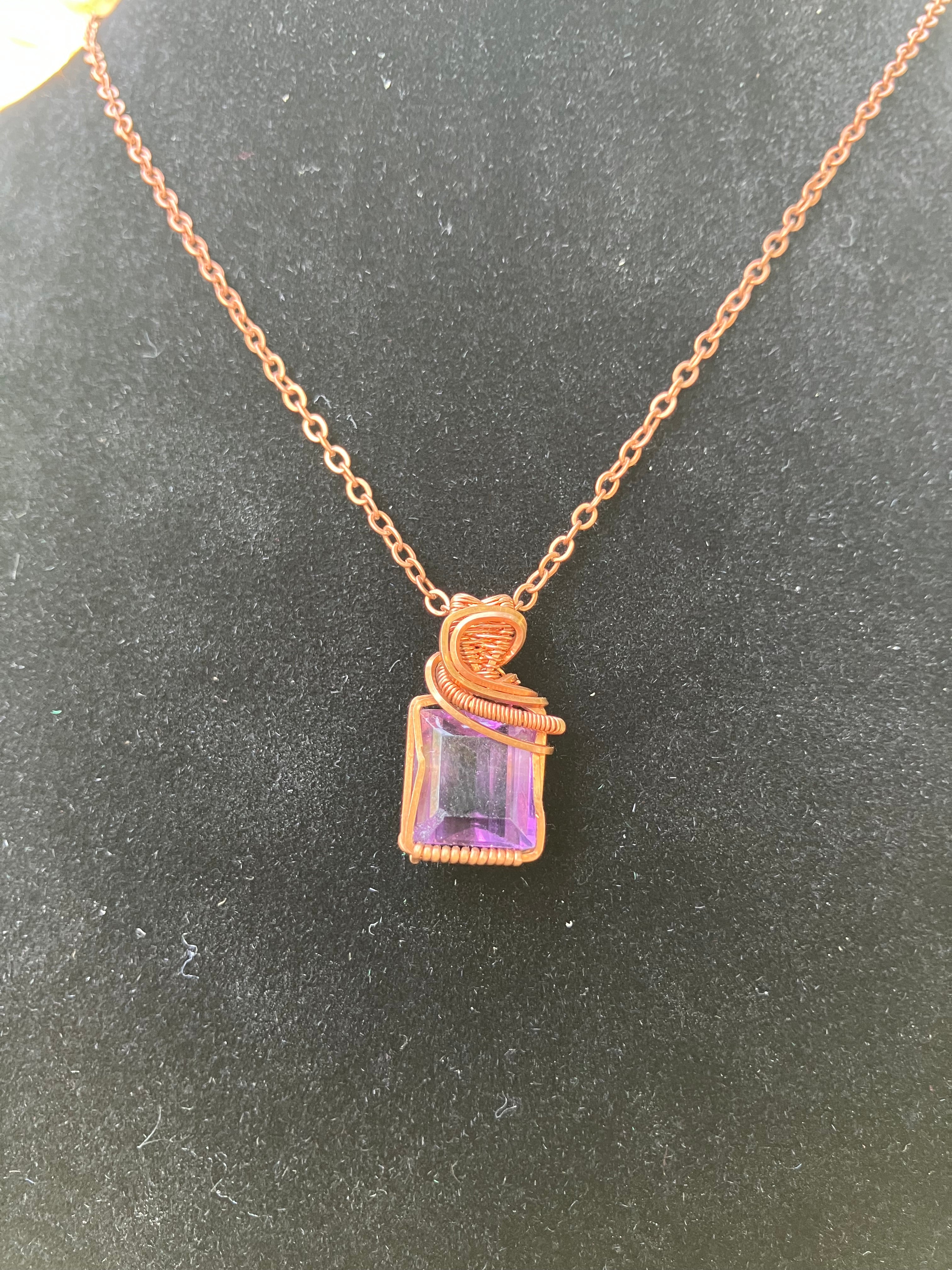Faceted Brazilian Amethyst Wire Wrapped Pendant in Tarnished Copper