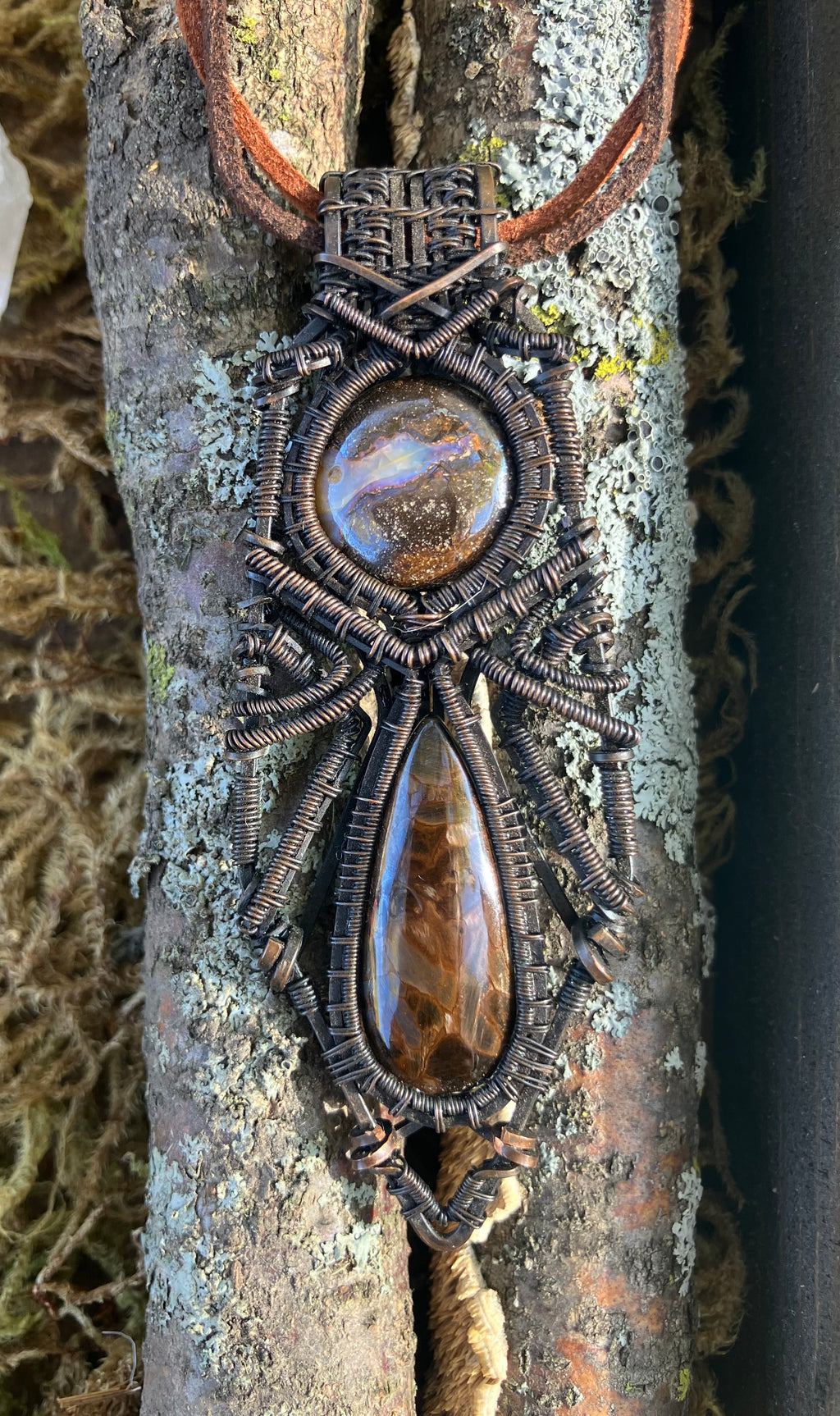 Boulder Opal and Pietersite Wire Wrapped Amulet, Statement Pendant in Tarnished Copper