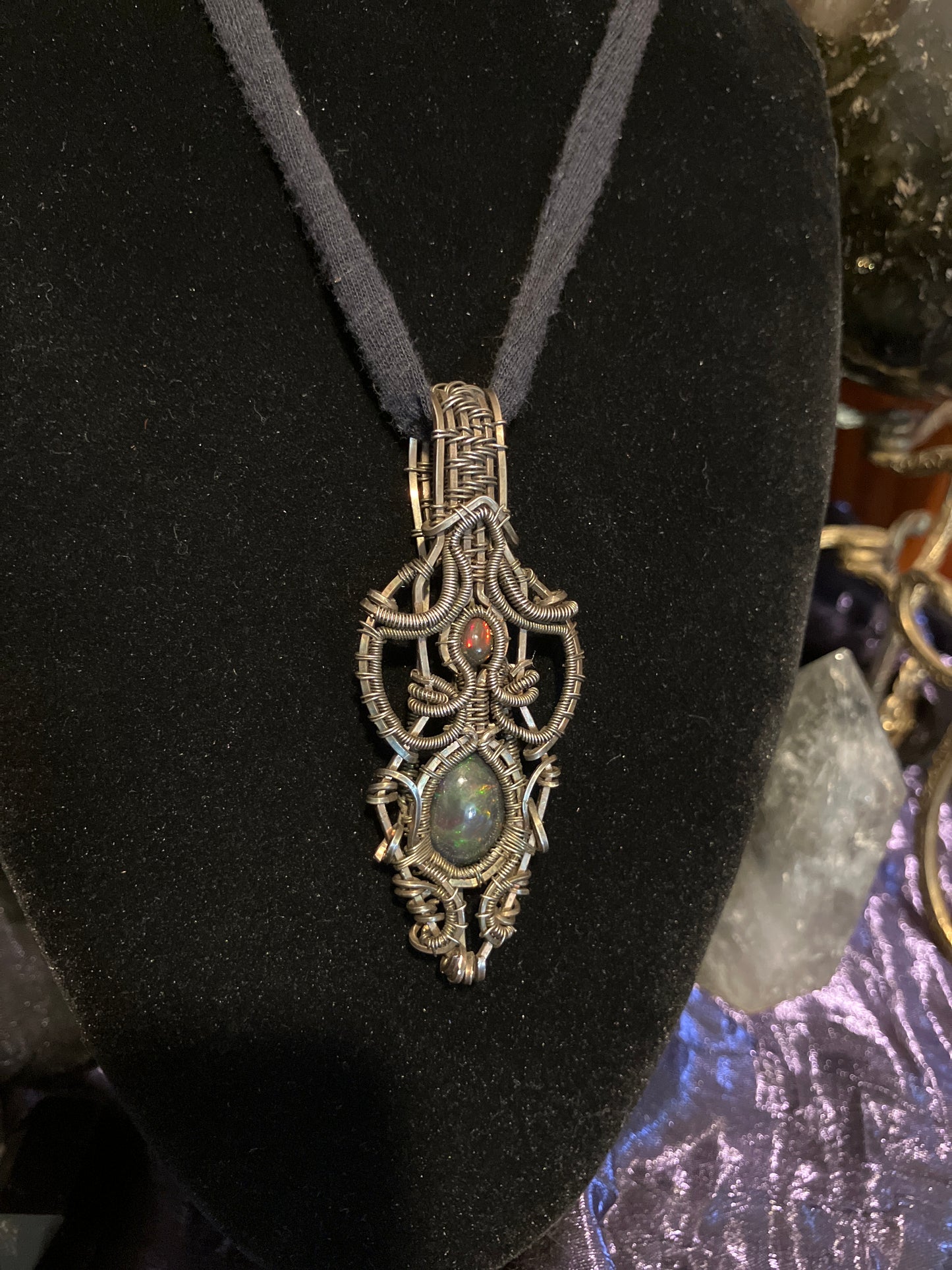 6.8 carat Double Black Opal Crystal Wire Wrapped Amulet Pendant in 925 Sterling Silver