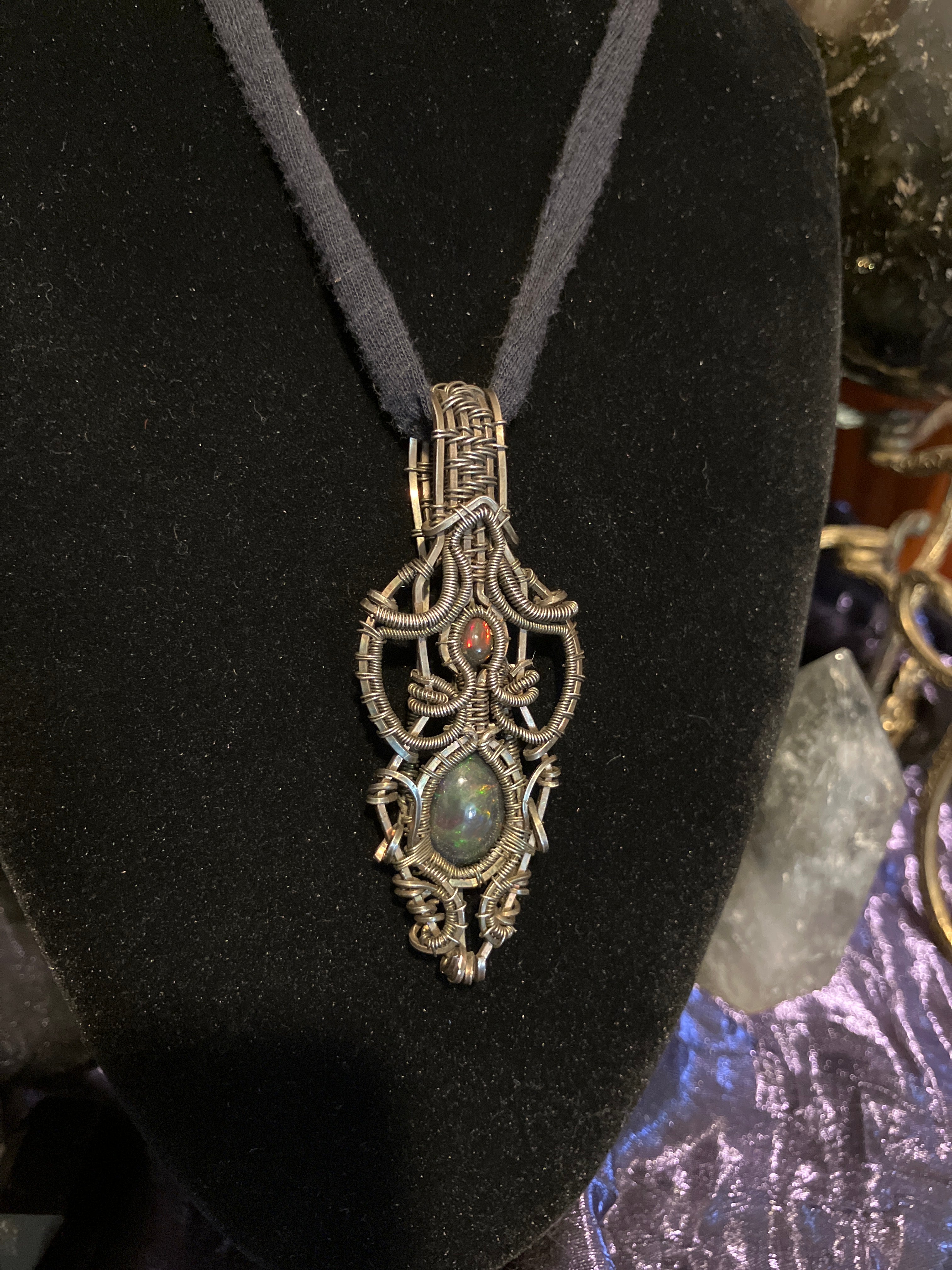 6.8 carat Double Black Opal Crystal Wire Wrapped Amulet Pendant in 925 Sterling Silver