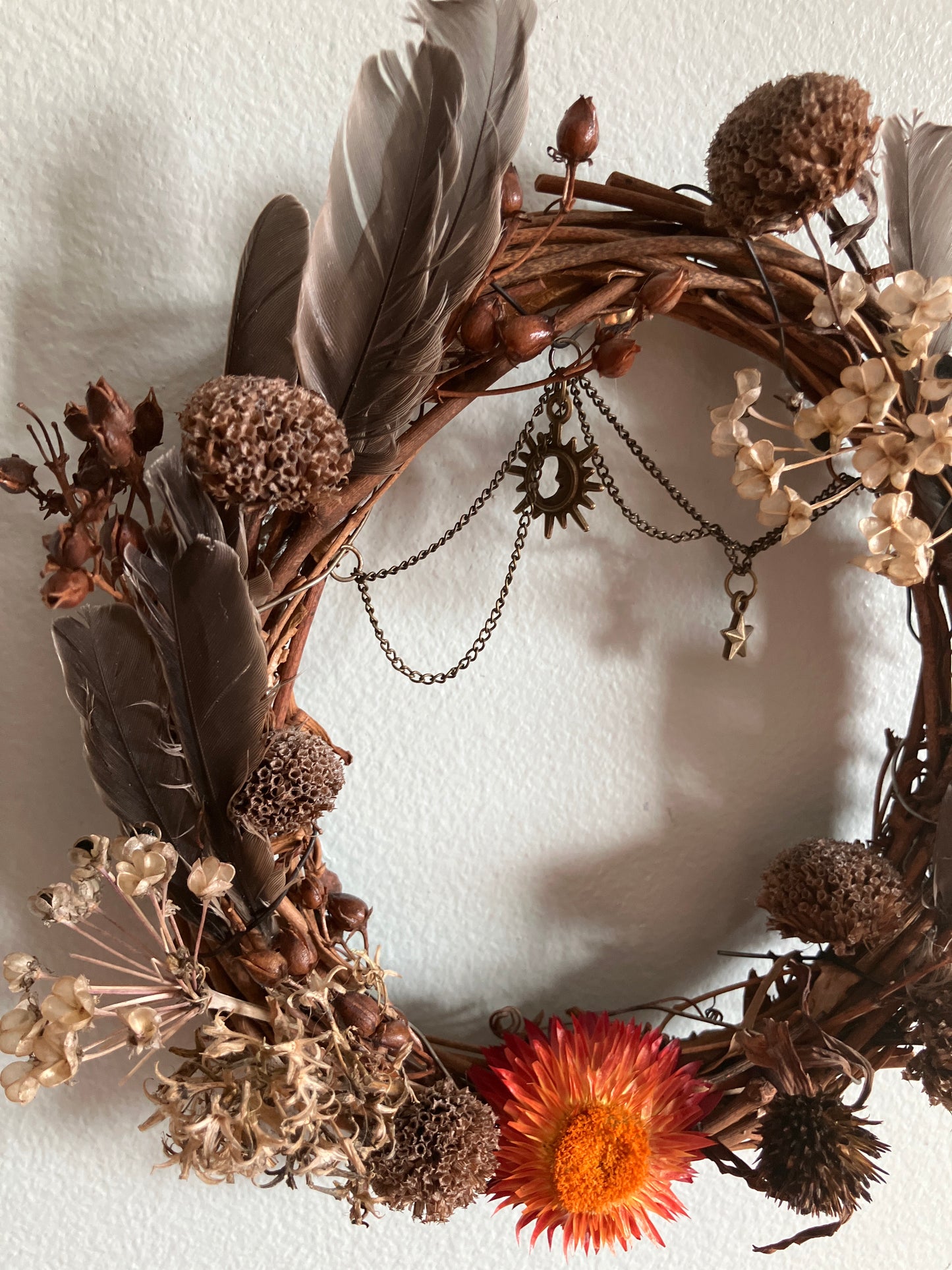 Robin Feather Foraged Strawflower Floral Charm Wreath- 6”
