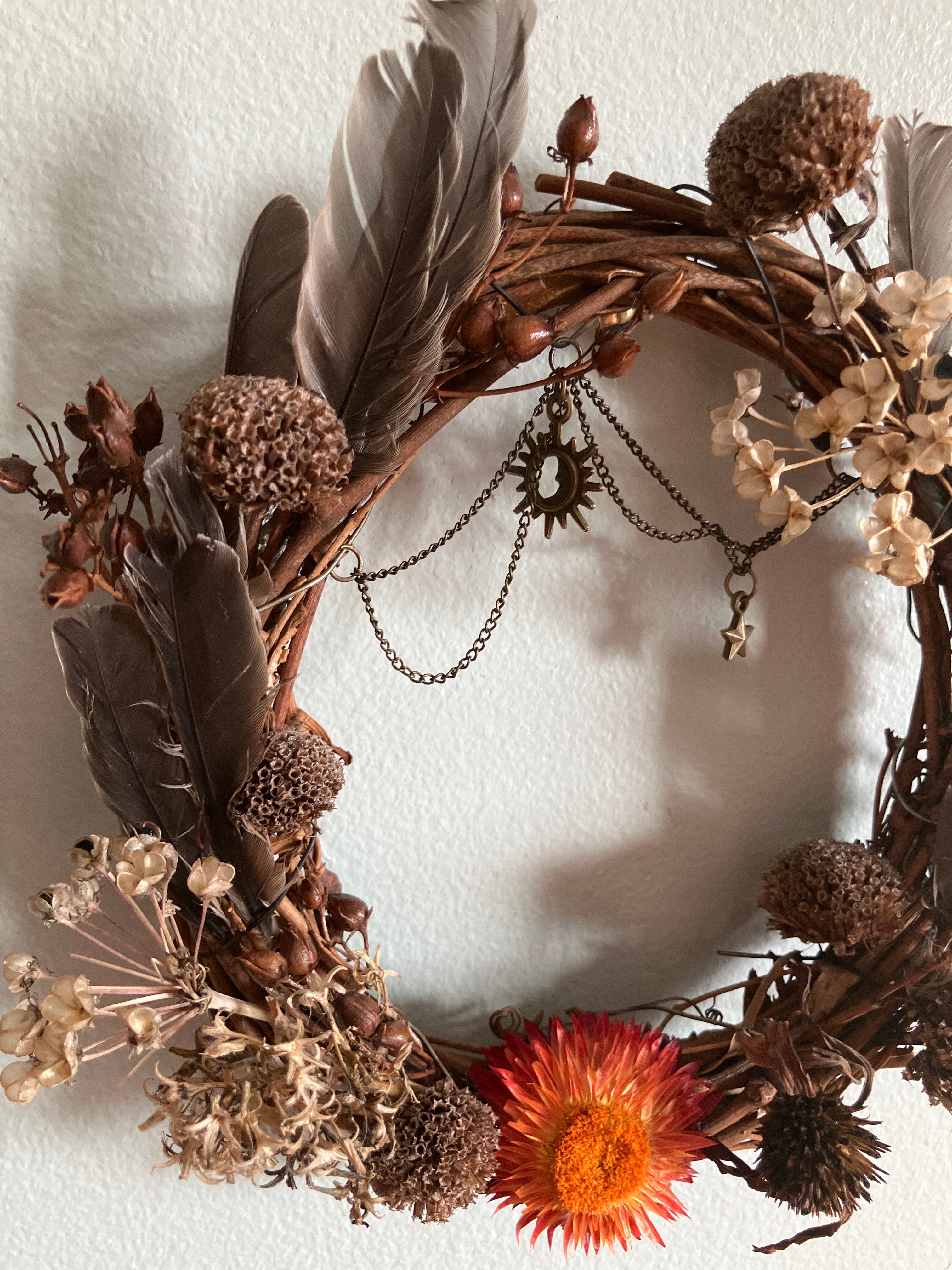 Robin Feather Foraged Strawflower Floral Charm Wreath- 6”