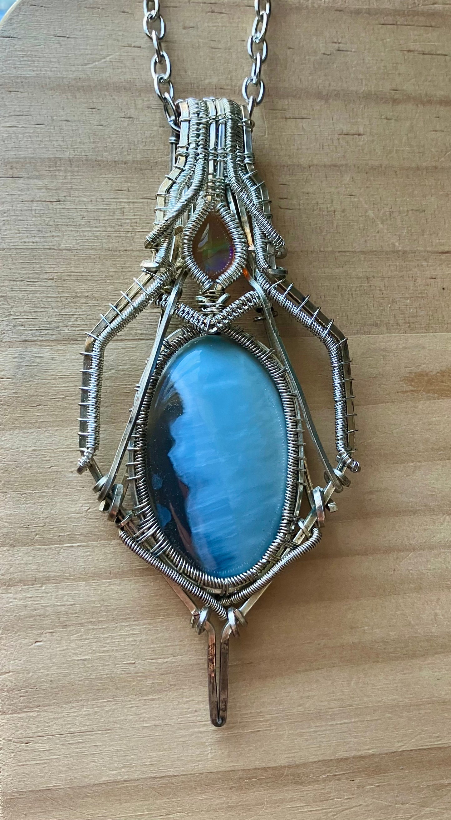White & Blue Opal Crystal Wire Wrapped Amulet Pendant in 925 Sterling Silver