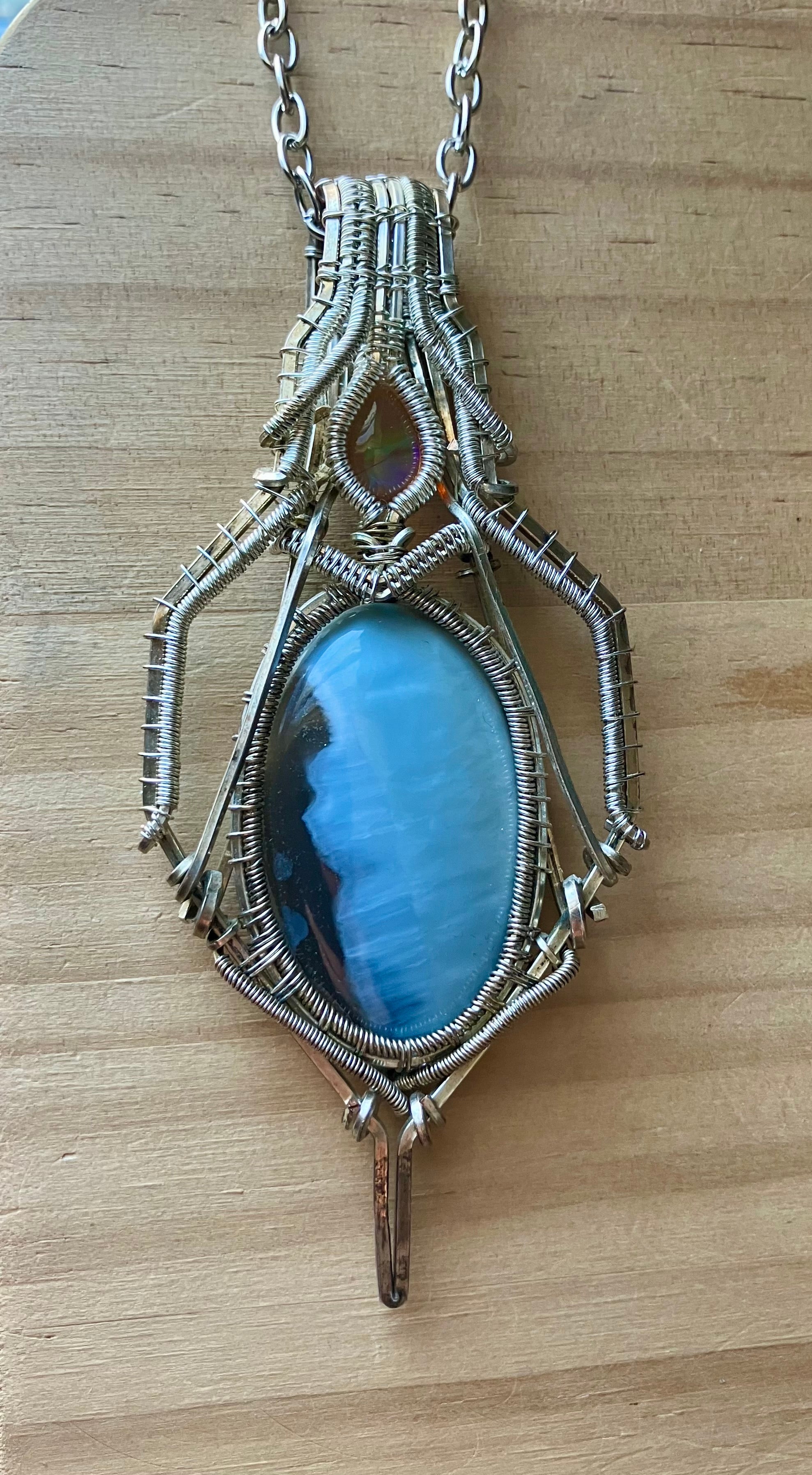 White & Blue Opal Crystal Wire Wrapped Amulet Pendant in 925 Sterling Silver