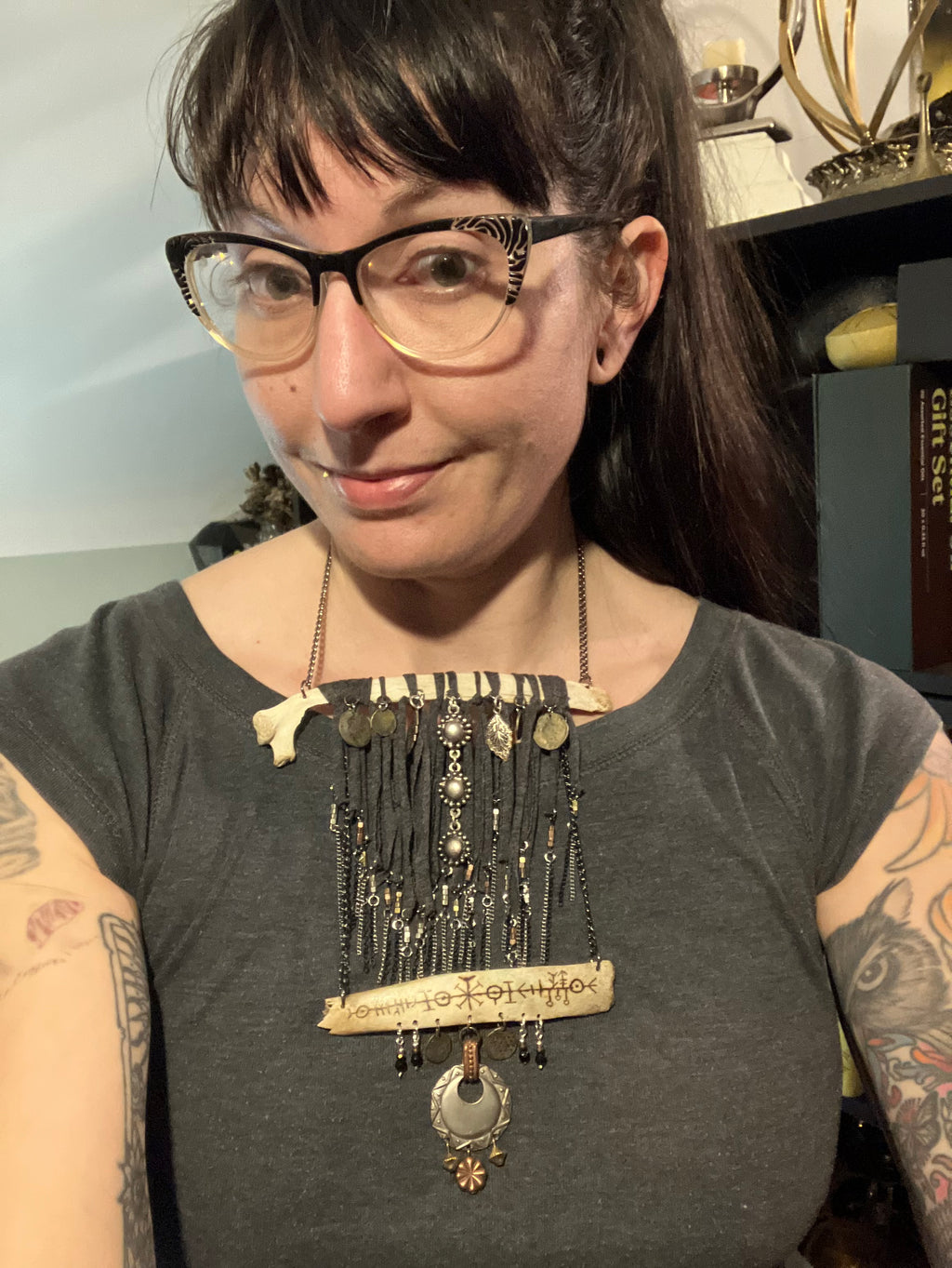 Wood Burned Deer Bone Charm Fringe Bib Necklace with Black Onyx & Copper Beads- Sigil for Protection and Vitality