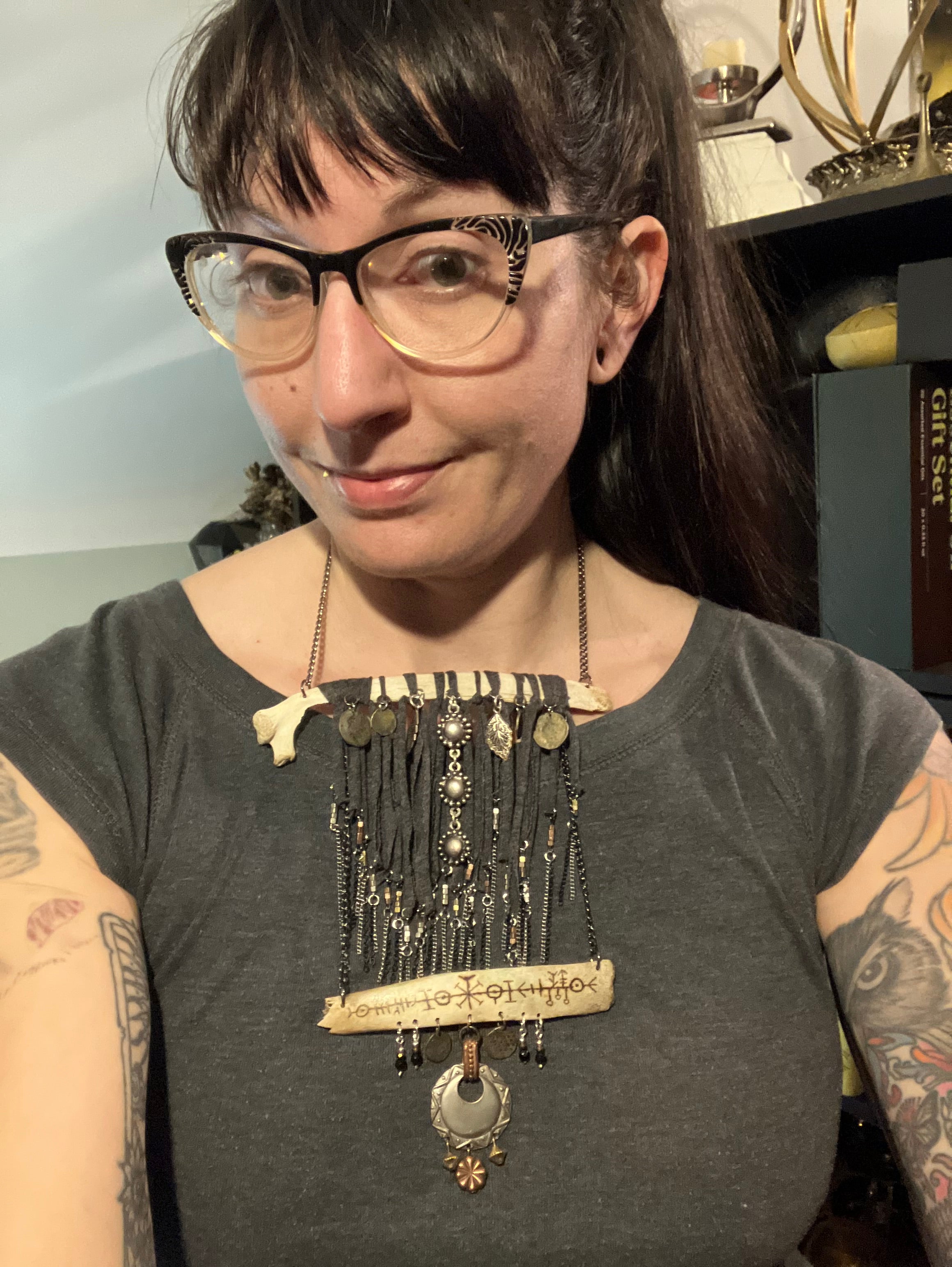 Wood Burned Deer Bone Charm Fringe Bib Necklace with Black Onyx & Copper Beads- Sigil for Protection and Vitality