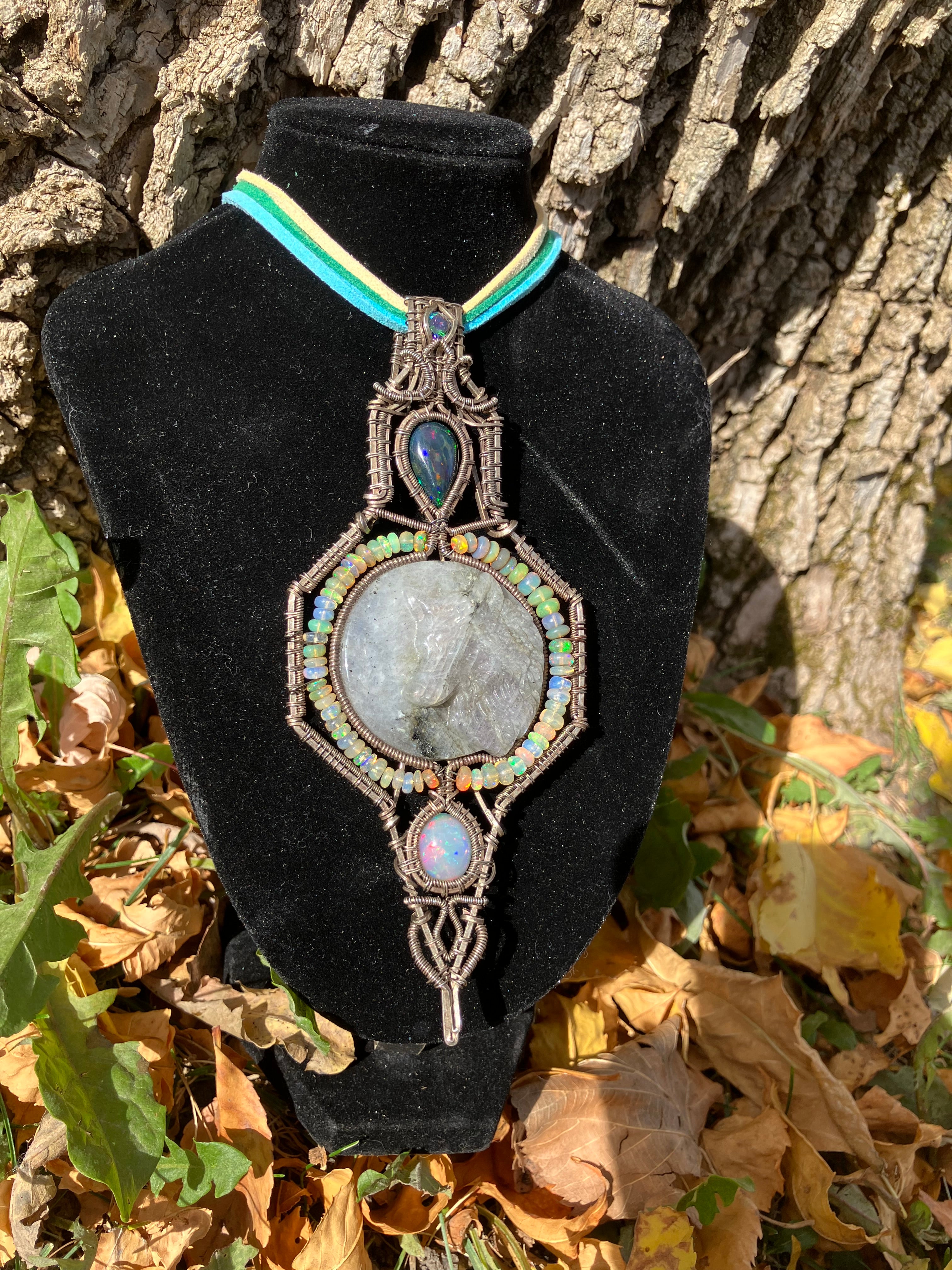 Carved Wolf Moon Labradorite, Mystic Topaz and Black and White Opal Amulet in Tarnished Sterling Silver