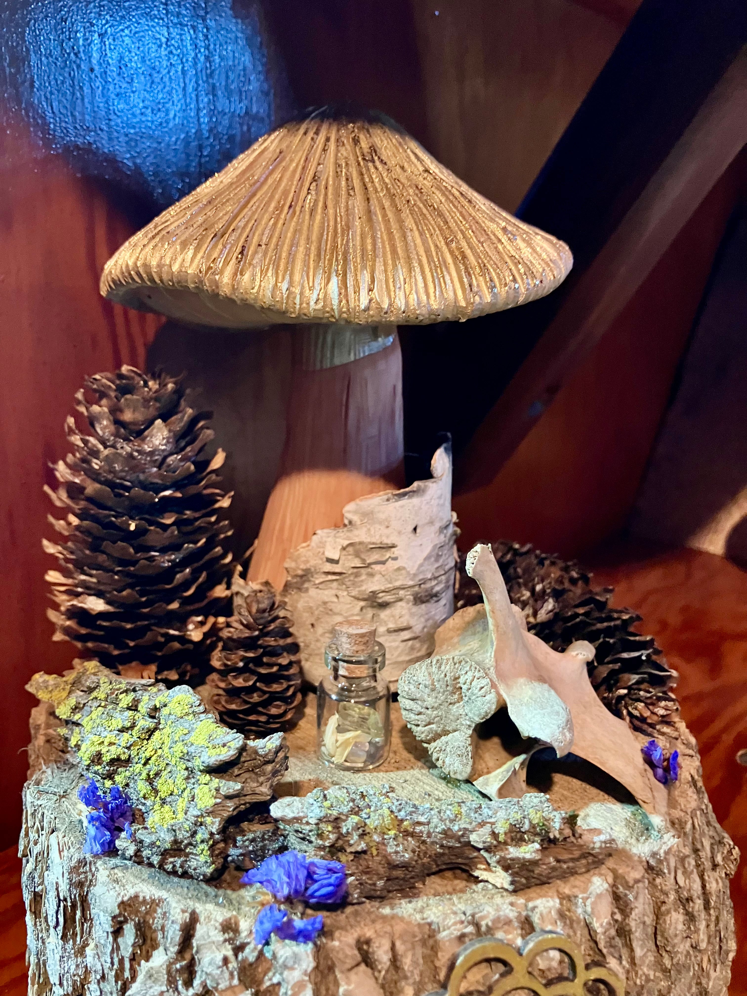 White Oak Mandala Mushroom Offering Altar w/ Deer Vertebrae, Birch & Yellow Apatite- Animal Magick