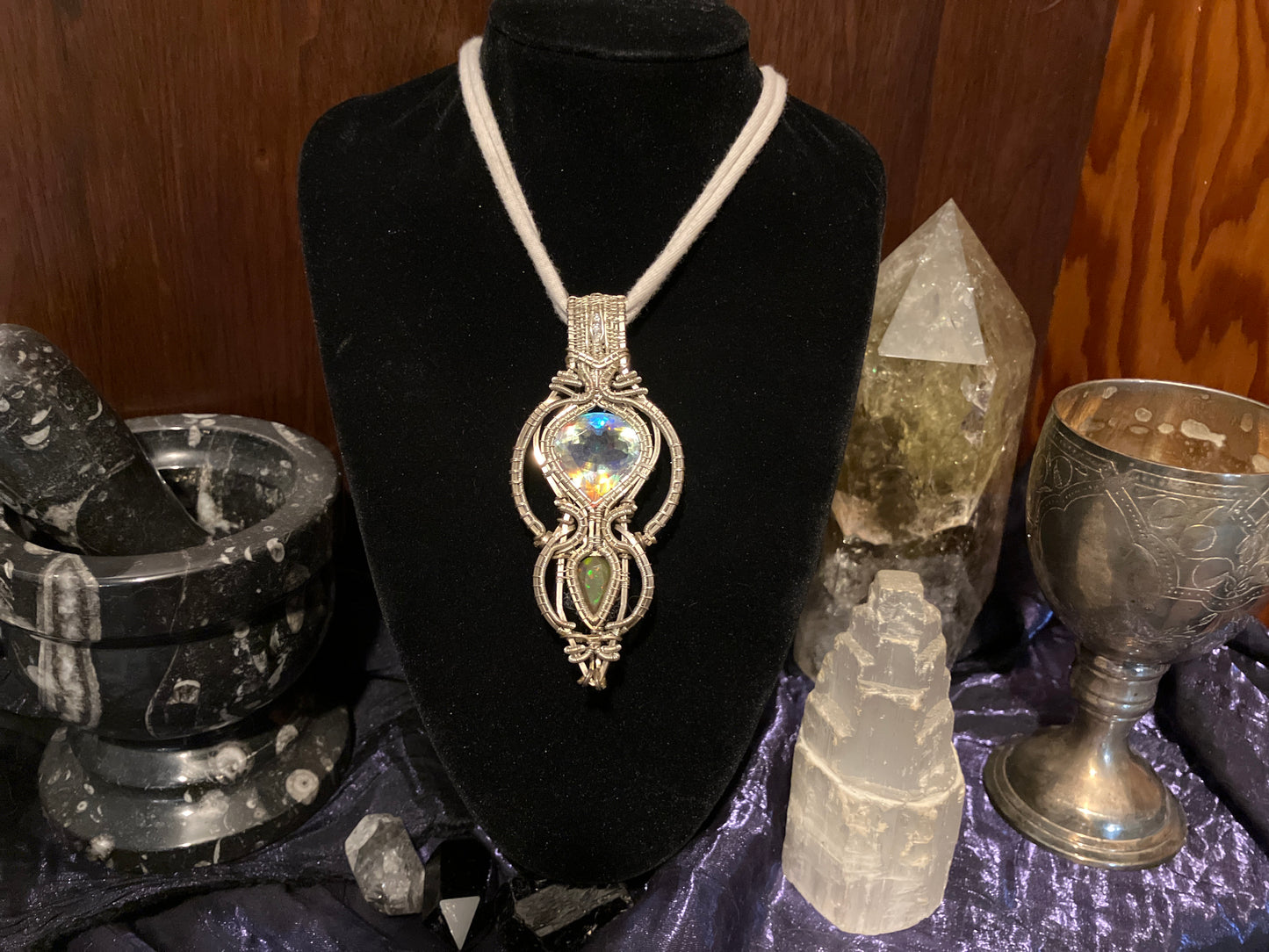 Mystic Quartz, Opal & Moissanite Wire Wrapped Amulet in 925 Sterling Silver