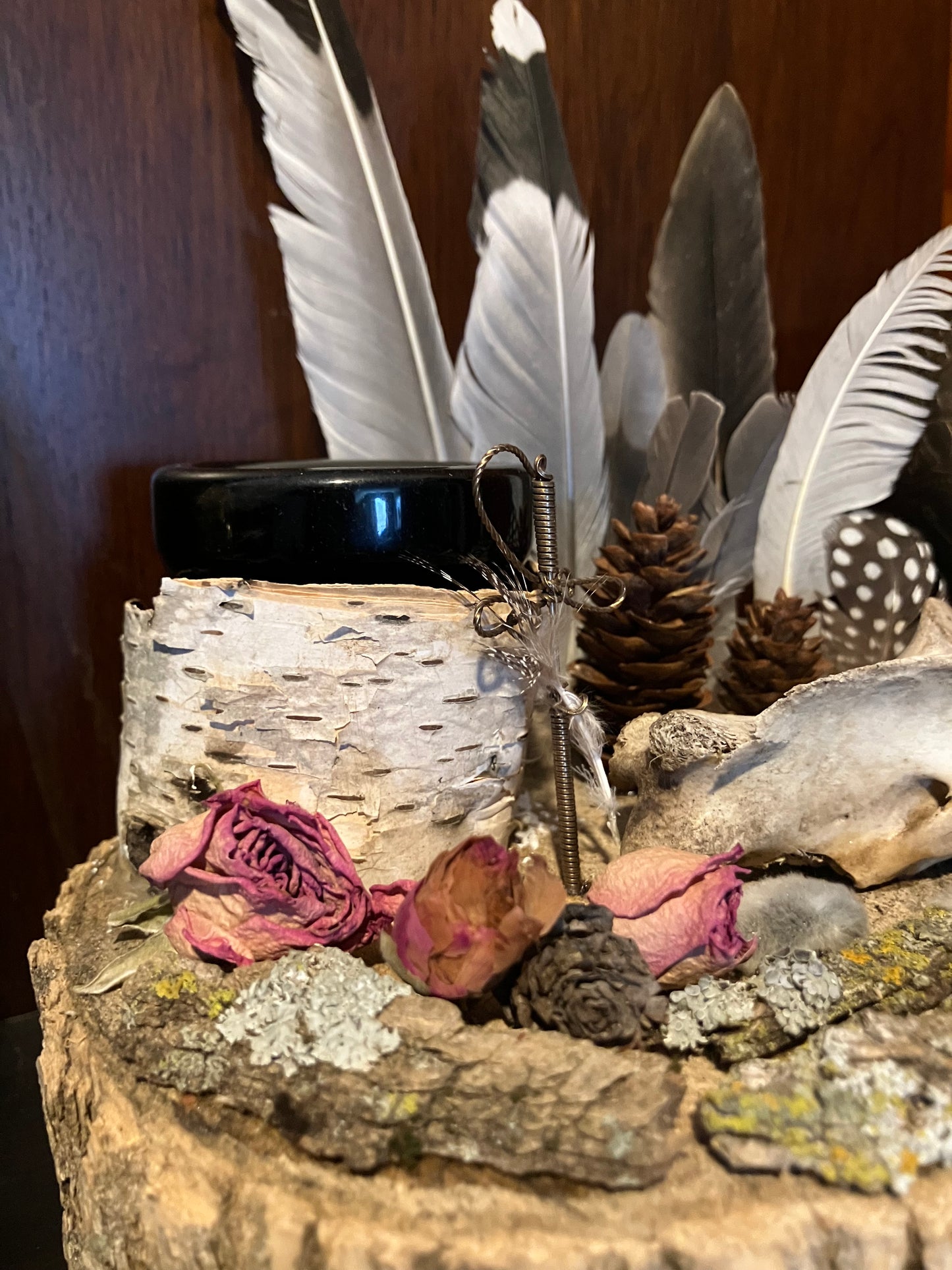 White Oak Butterfly & Sword Offering Altar w/ Deer Vertebrae, Rosebuds, Birch and Obsidian Bowl- Animal Magick- Release Spiritual Blockages-