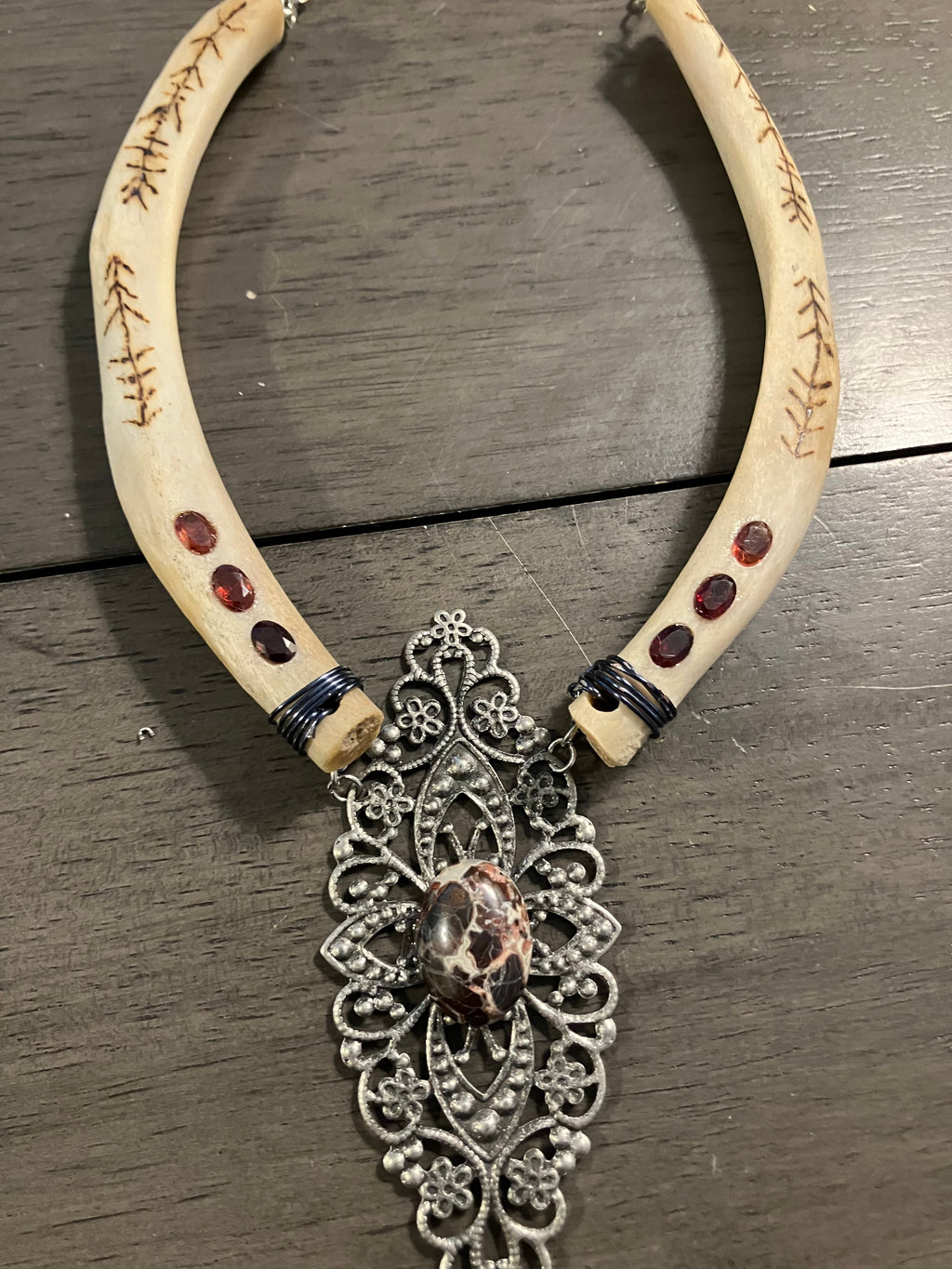 Javelina Rib Bone Crystal Ceremonial Amulet with Brecciated Jasper & Tri-color Garnet Inlay- Strength and Focus Wood Burned Sigils