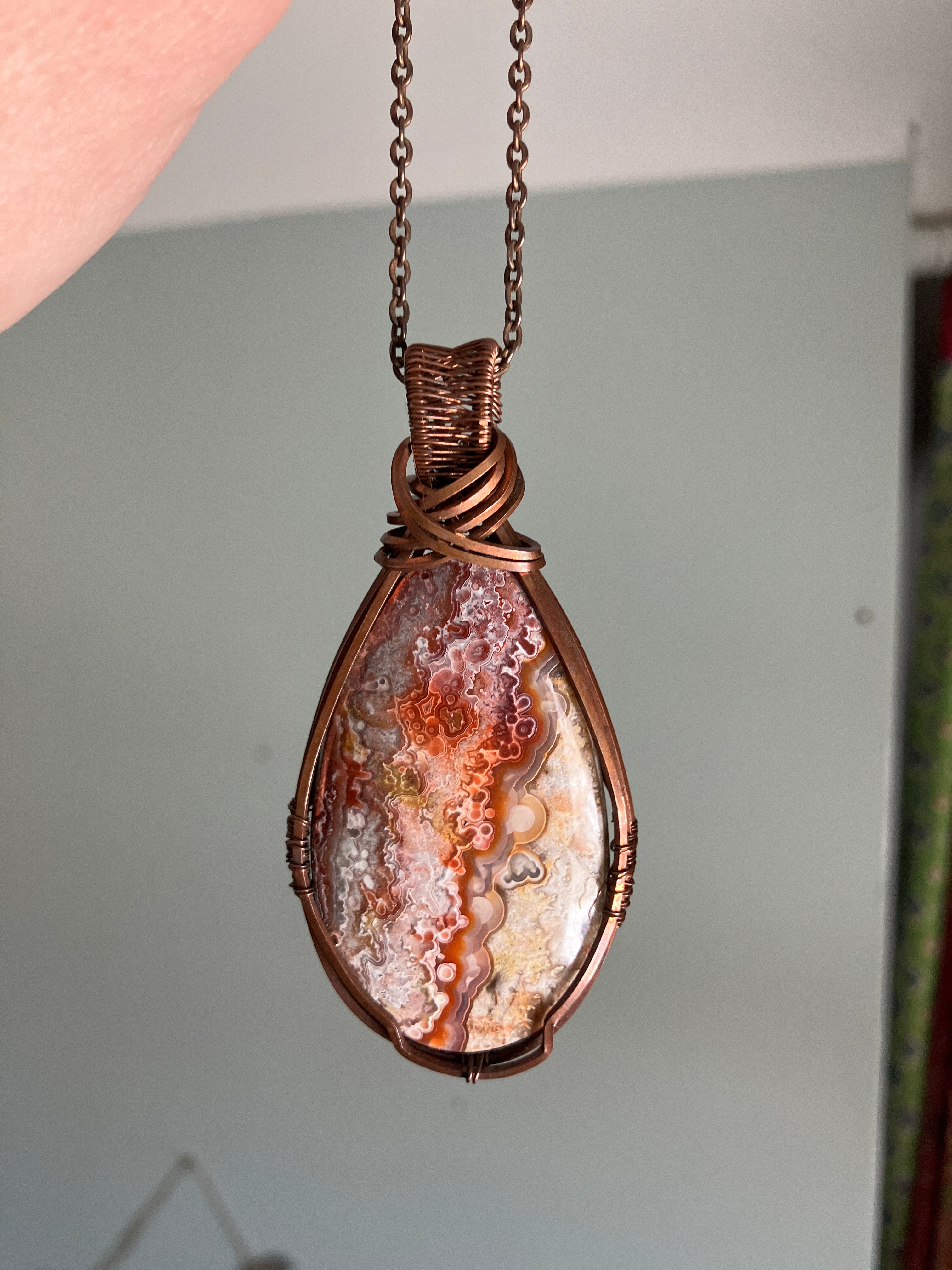 Crazy Lace Agate Crystal Wire Wrapped Pendant in Tarnished Copper