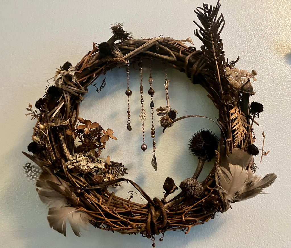 Foraged Flora, Fauna, Feather Crystal Charm 10” Wreath- Citrine, Pietersite, Tigers Eye- Abundance- Prosperity- High Vibrational