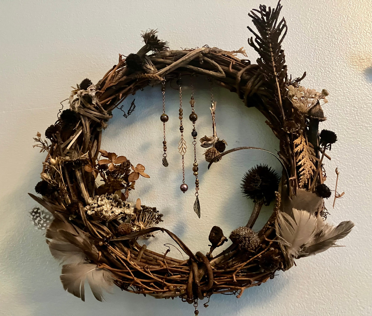 Foraged Flora, Fauna, Feather Crystal Charm 10” Wreath- Citrine, Pietersite, Tigers Eye- Abundance- Prosperity- High Vibrational