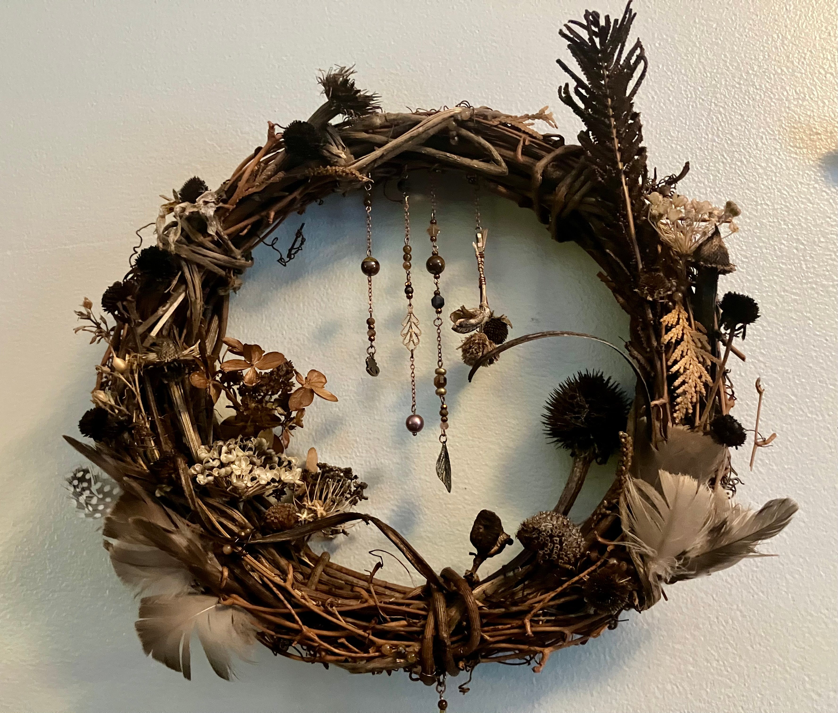 Foraged Flora, Fauna, Feather Crystal Charm 10” Wreath- Citrine, Pietersite, Tigers Eye- Abundance- Prosperity- High Vibrational