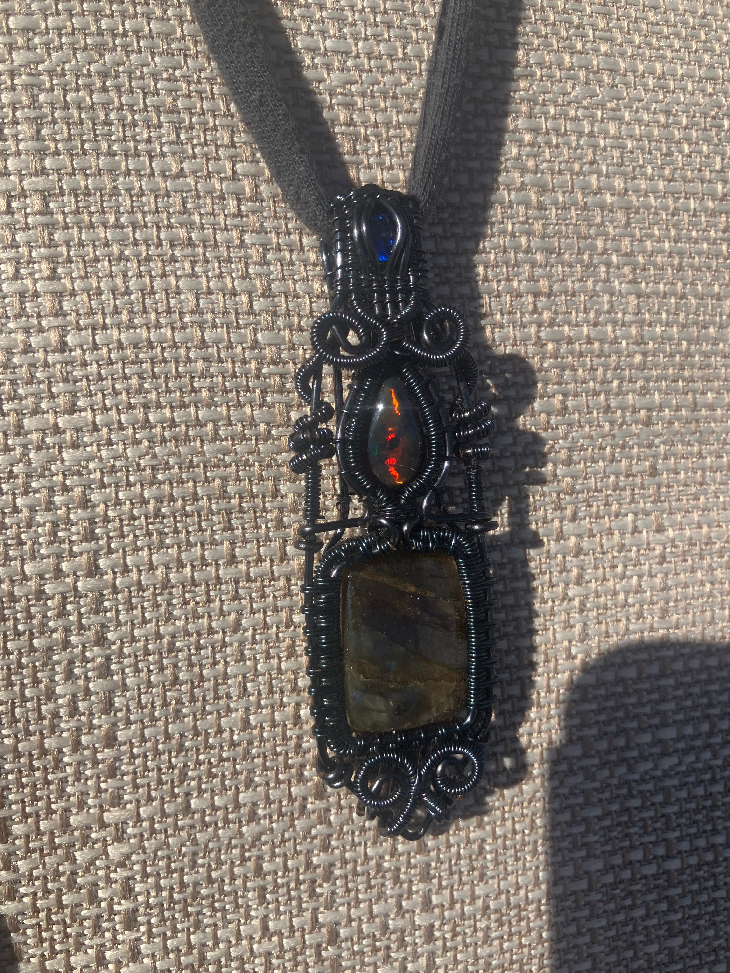 Blue Quartz, Black Opal & Spectrolite Crystal Wire Wrapped Amulet Pendant in Hematite Colored Copper