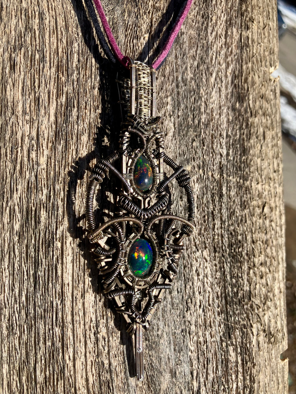 Double Australian Black Opal Wire Wrapped Amulet in Tarnished 925 Sterling Silver